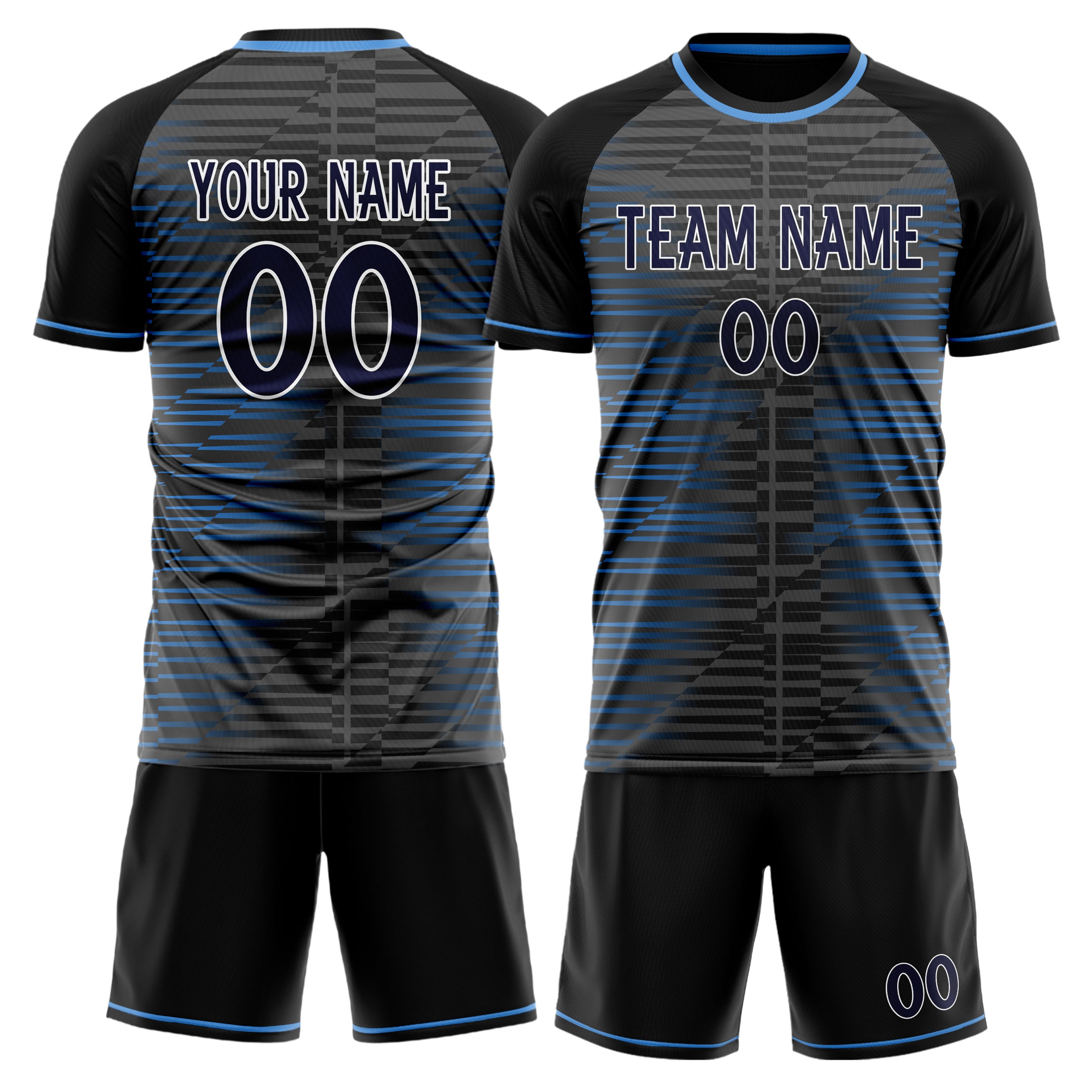 Custom Black Navy GeometricalPattern Soccer Jersey