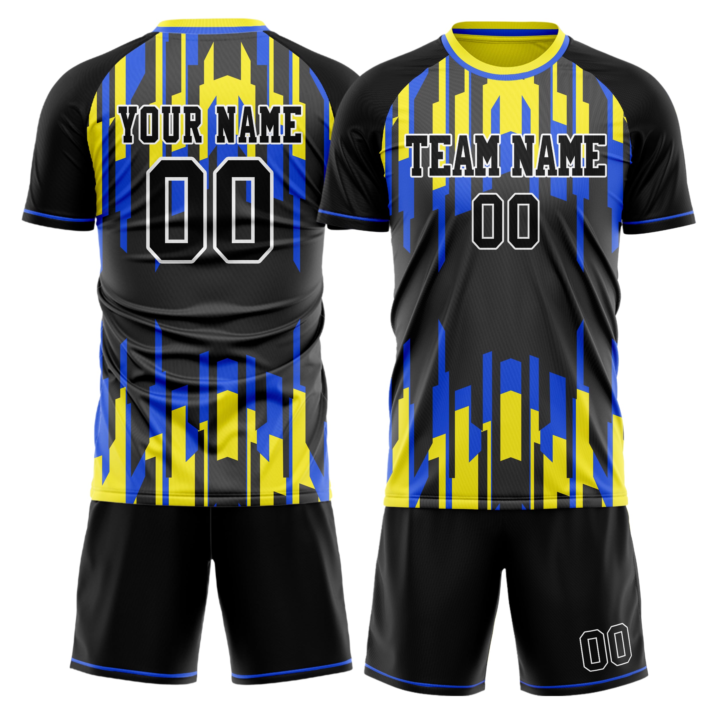 Custom Black Yellow GeometricalPattern Soccer Jersey