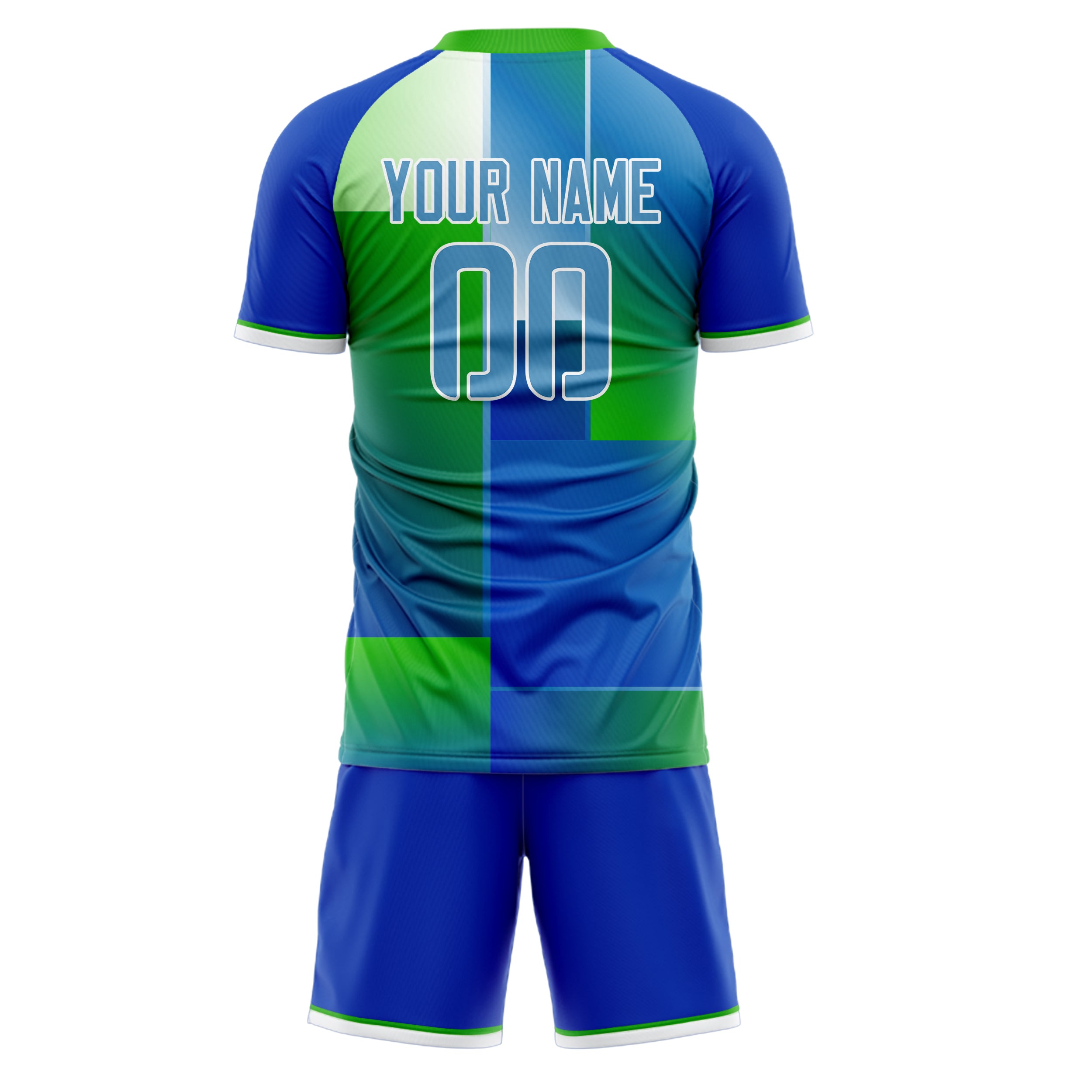 Custom Kelly Green Blue GeometricalPattern Soccer Jersey