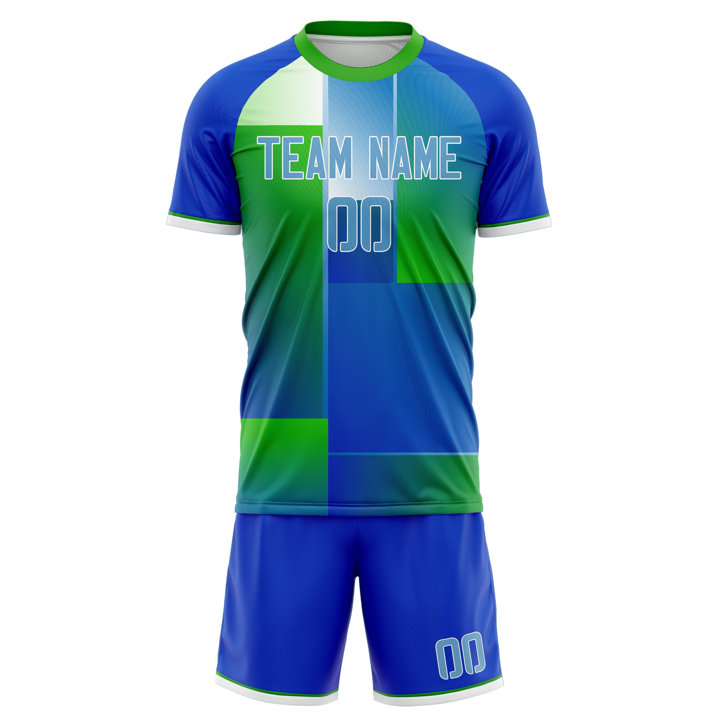 Custom Kelly Green Blue GeometricalPattern Soccer Jersey