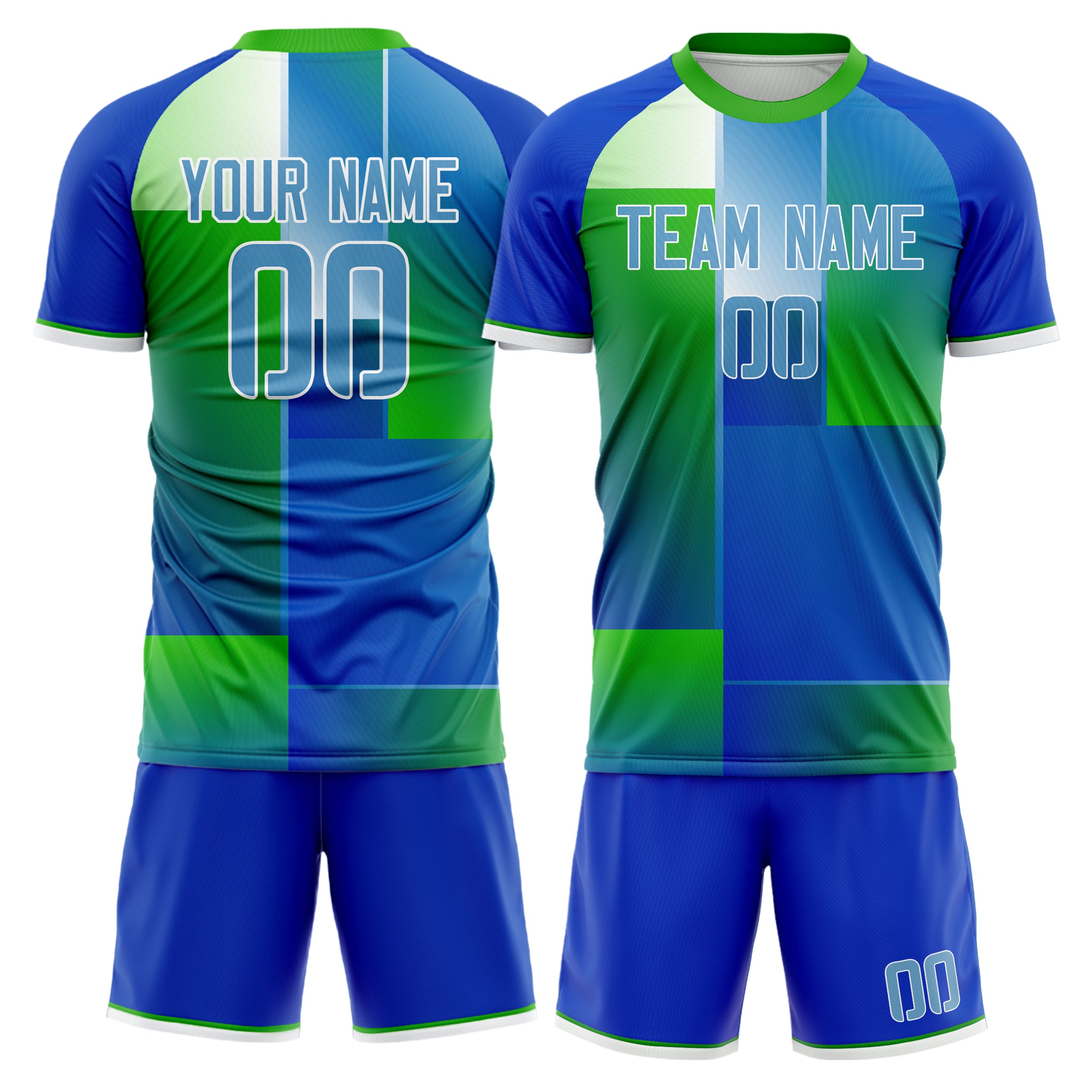 Custom Kelly Green Blue GeometricalPattern Soccer Jersey