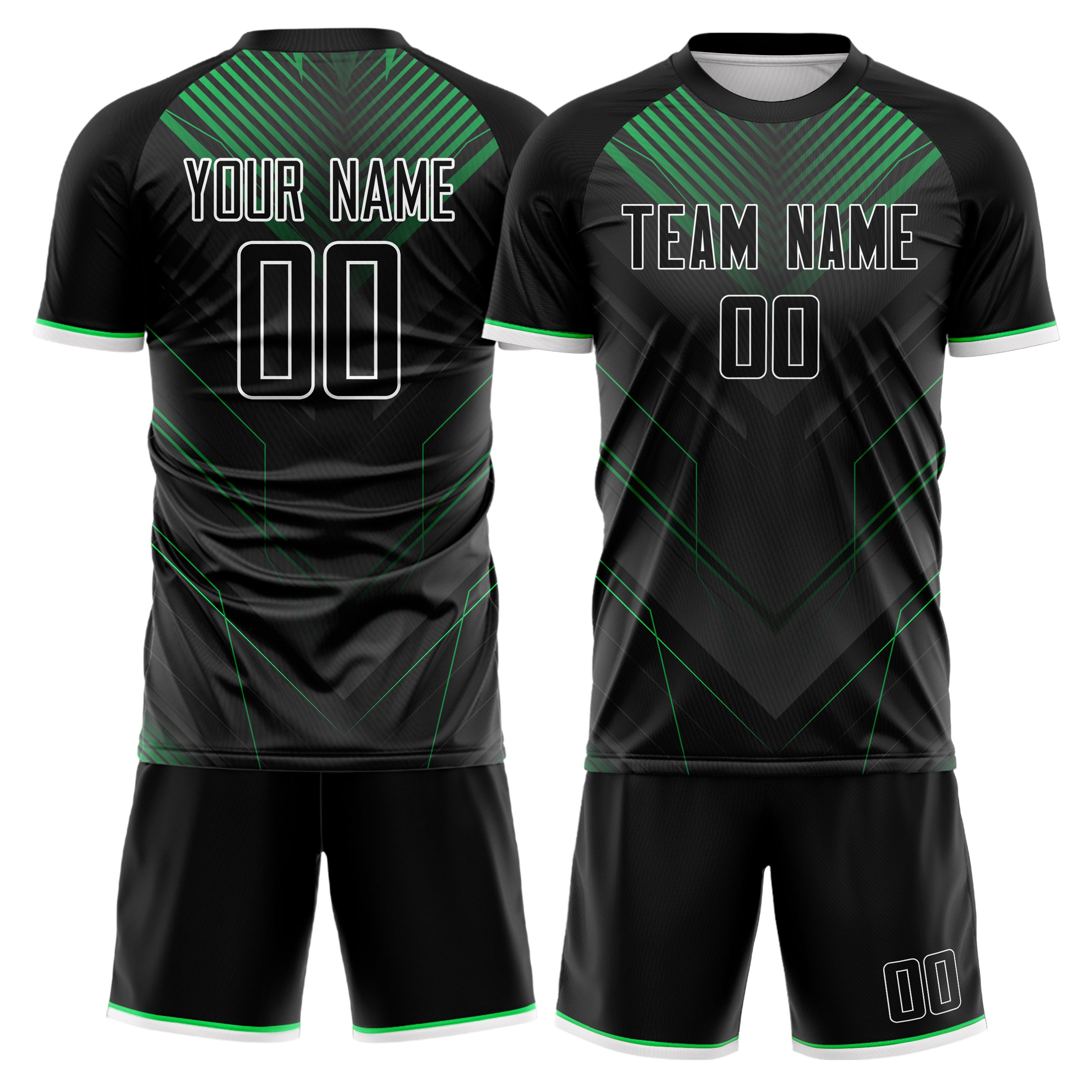 Custom Black Green GeometricalPattern Soccer Jersey