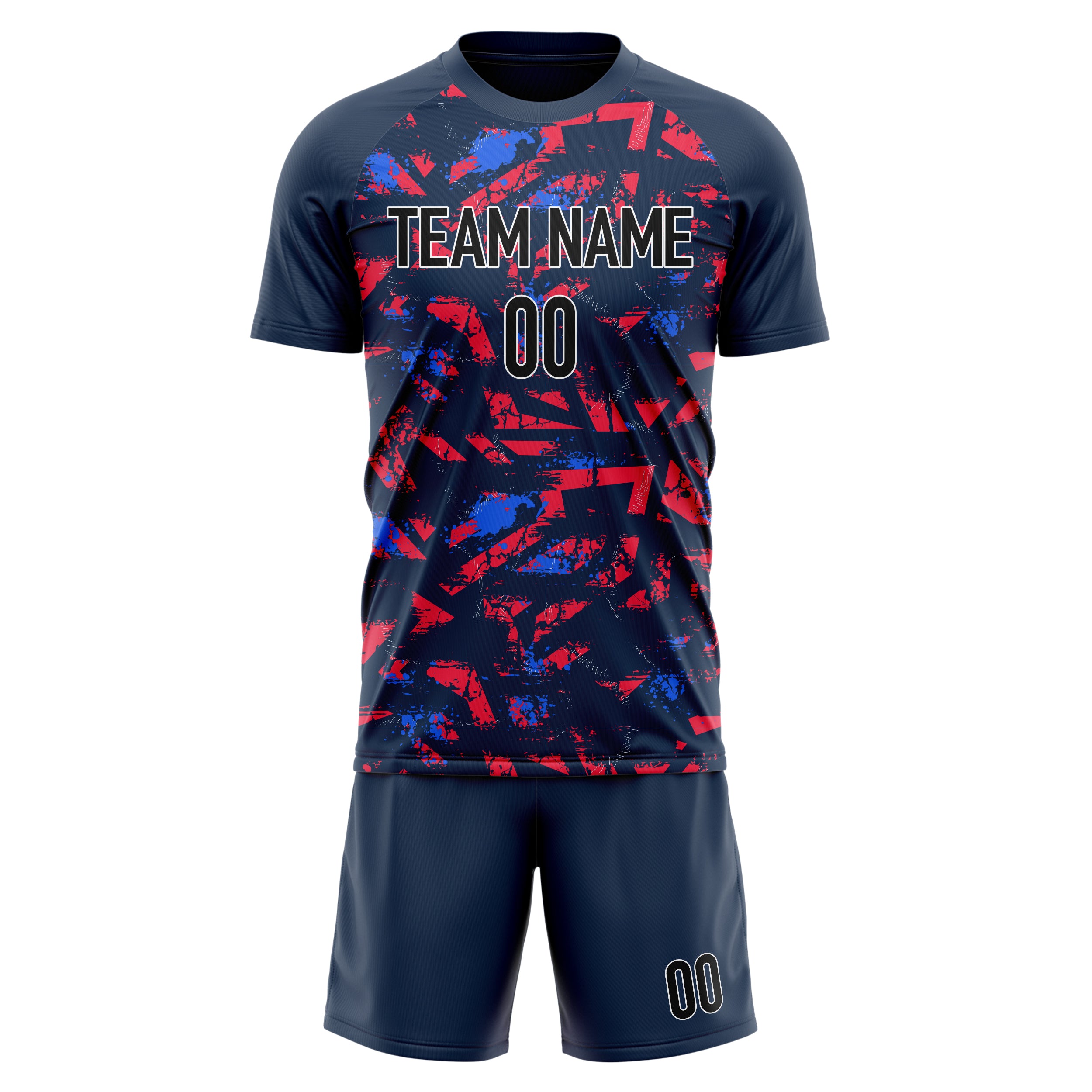 Custom Navy Red GeometricalPattern Soccer Jersey