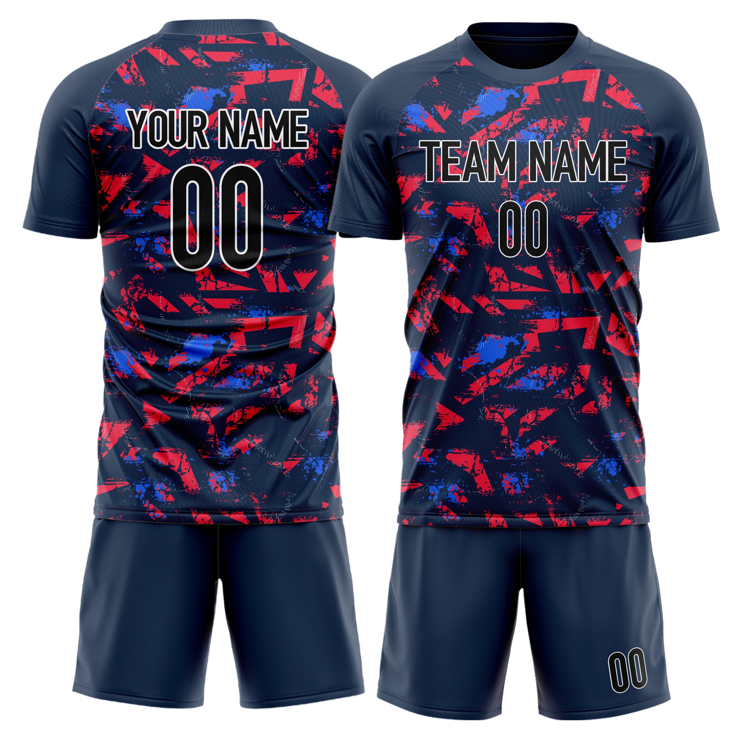 Custom Navy Red GeometricalPattern Soccer Jersey