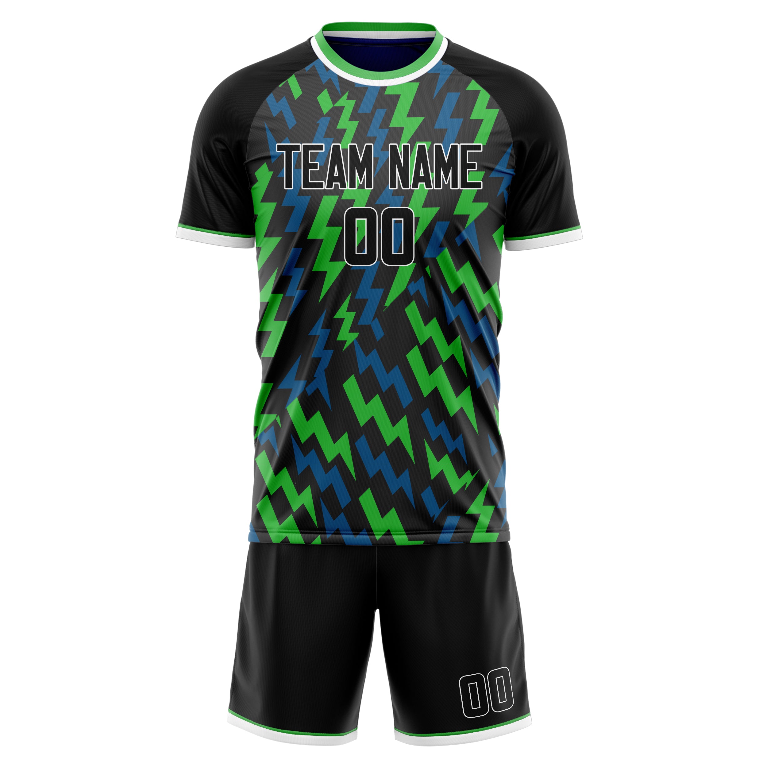 Custom Black Blue GeometricalPattern Soccer Jersey