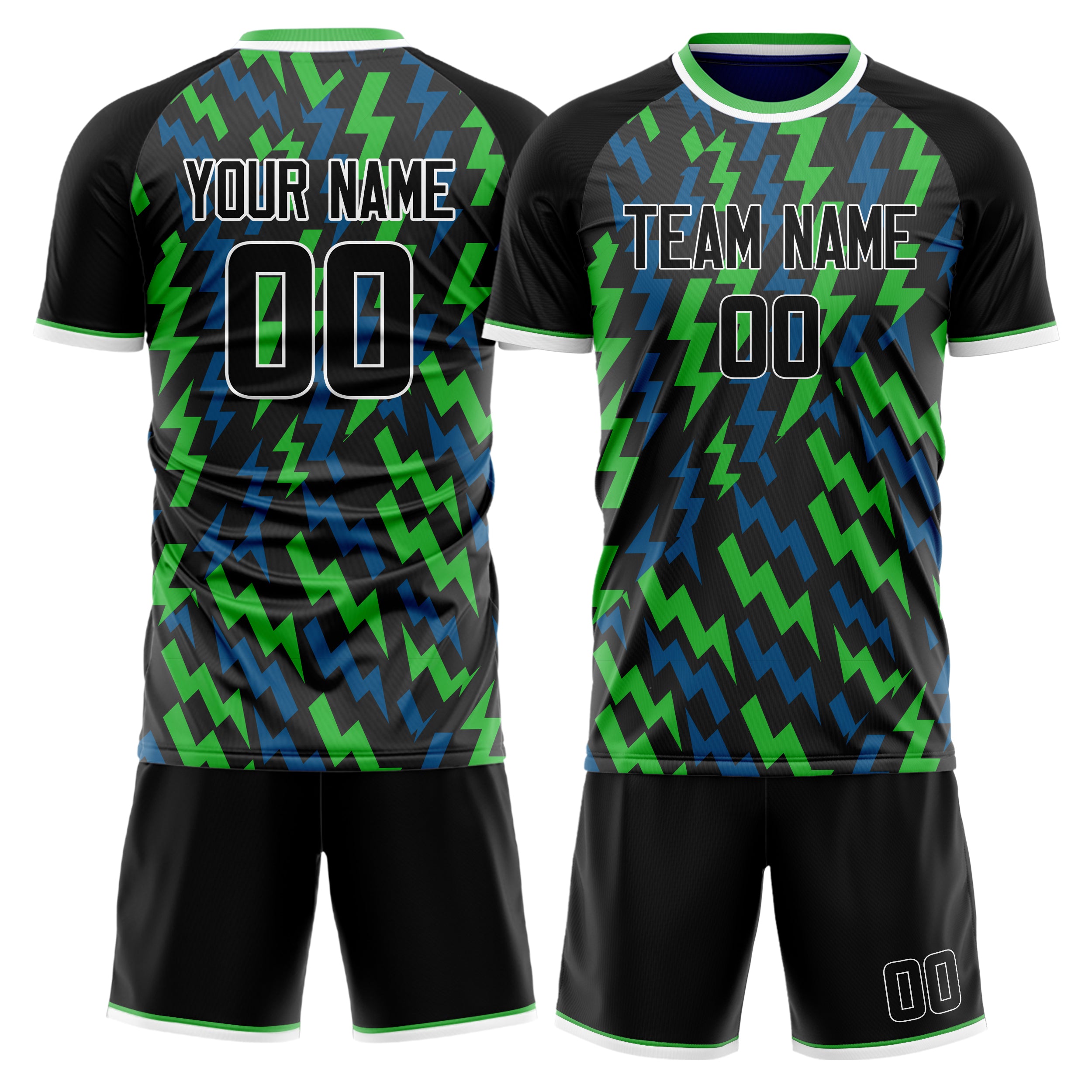 Custom Black Blue GeometricalPattern Soccer Jersey