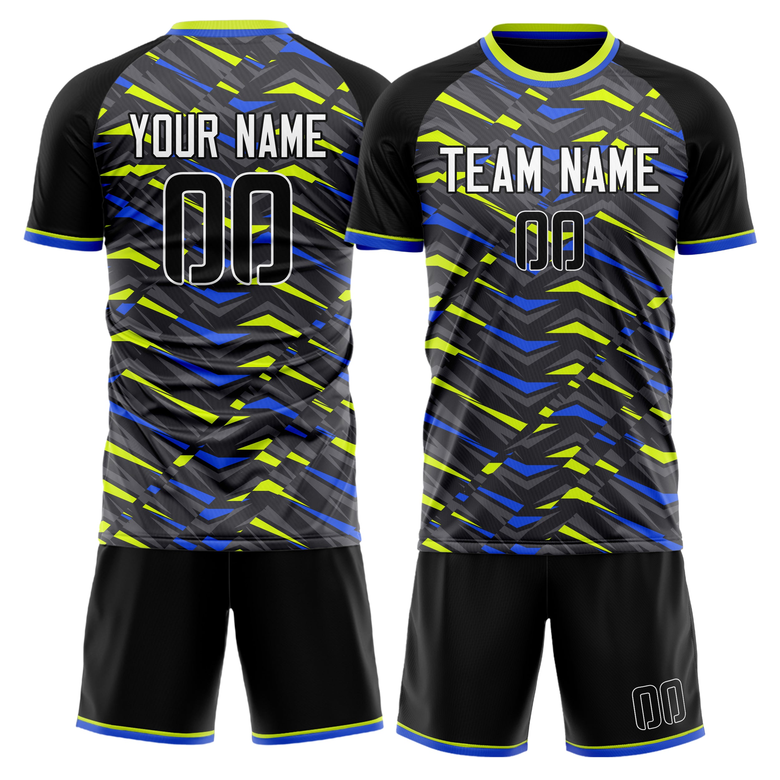 Custom Black Neon Green GeometricalPattern Soccer Jersey