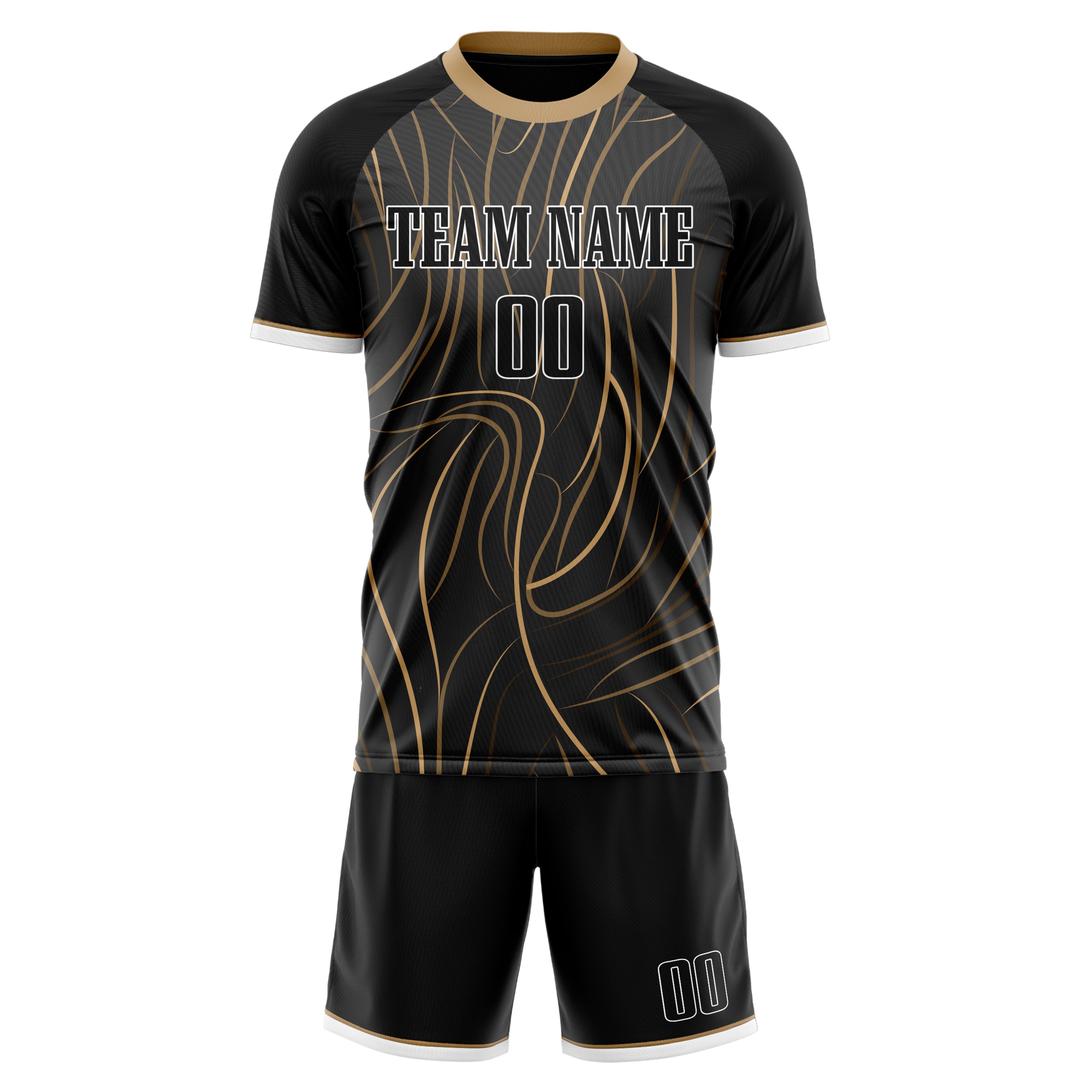 Custom Black Old Gold GeometricalPattern Soccer Jersey