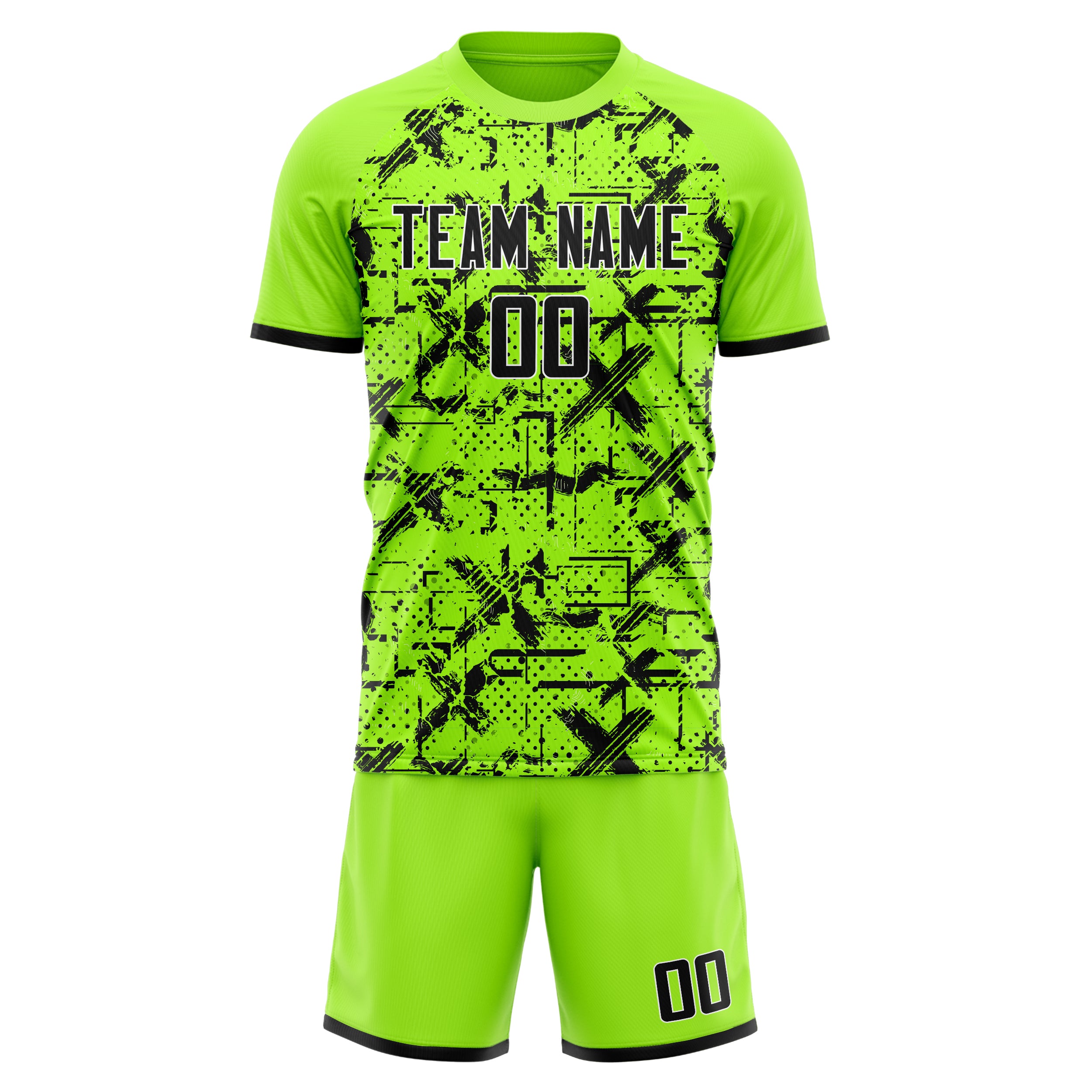 Custom Neon Green Black GeometricalPattern Soccer Jersey