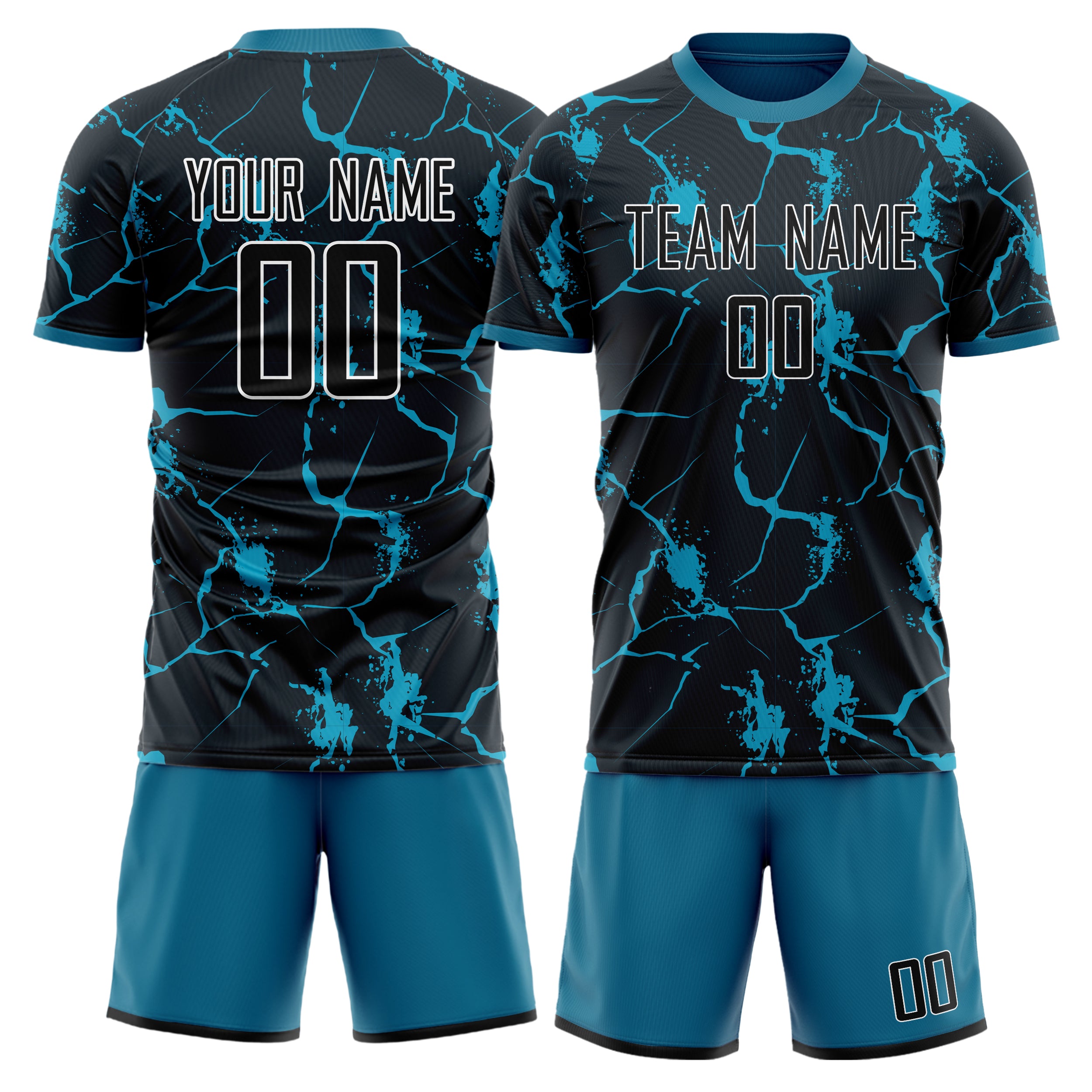 Custom Black Blue GeometricalPattern Soccer Jersey