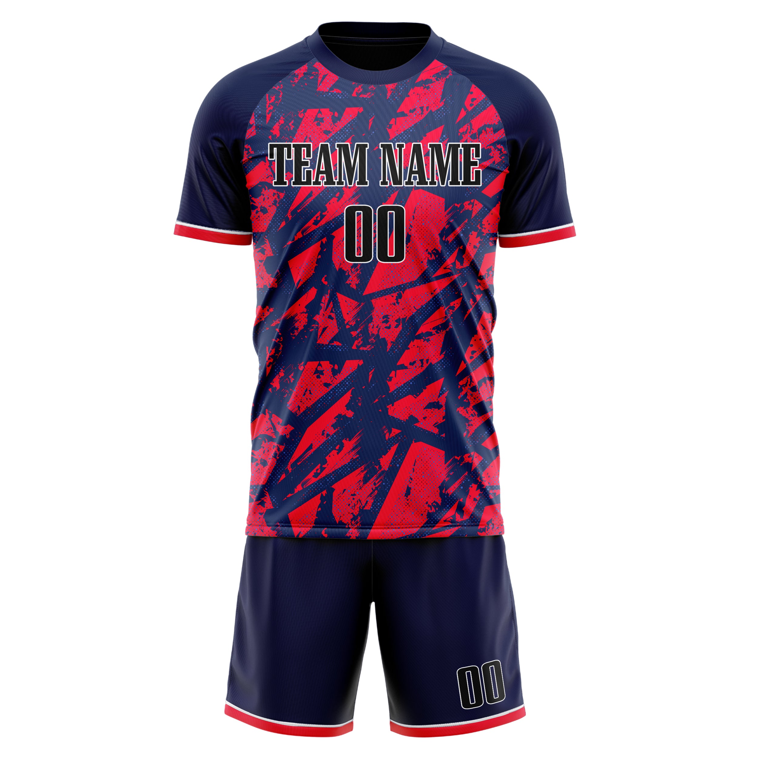 Custom Navy Red GeometricalPattern Soccer Jersey