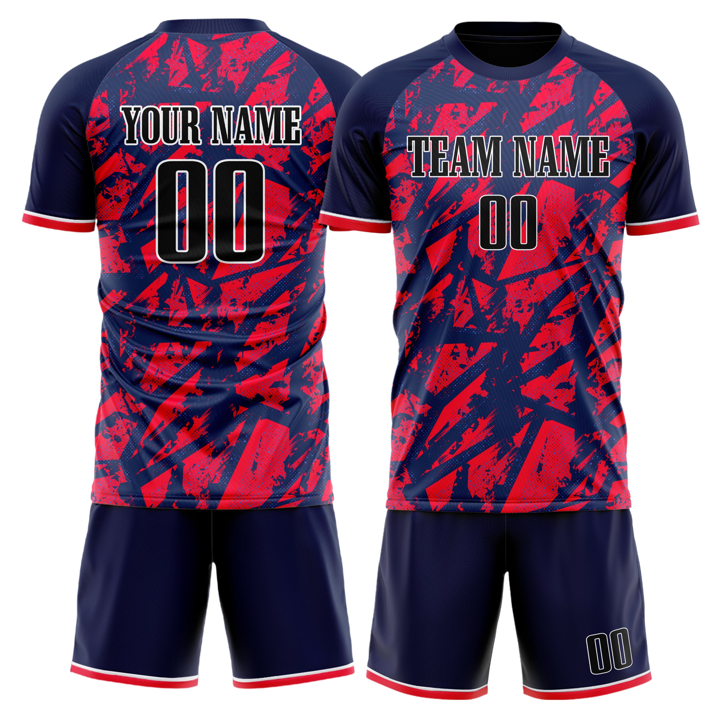 Custom Navy Red GeometricalPattern Soccer Jersey