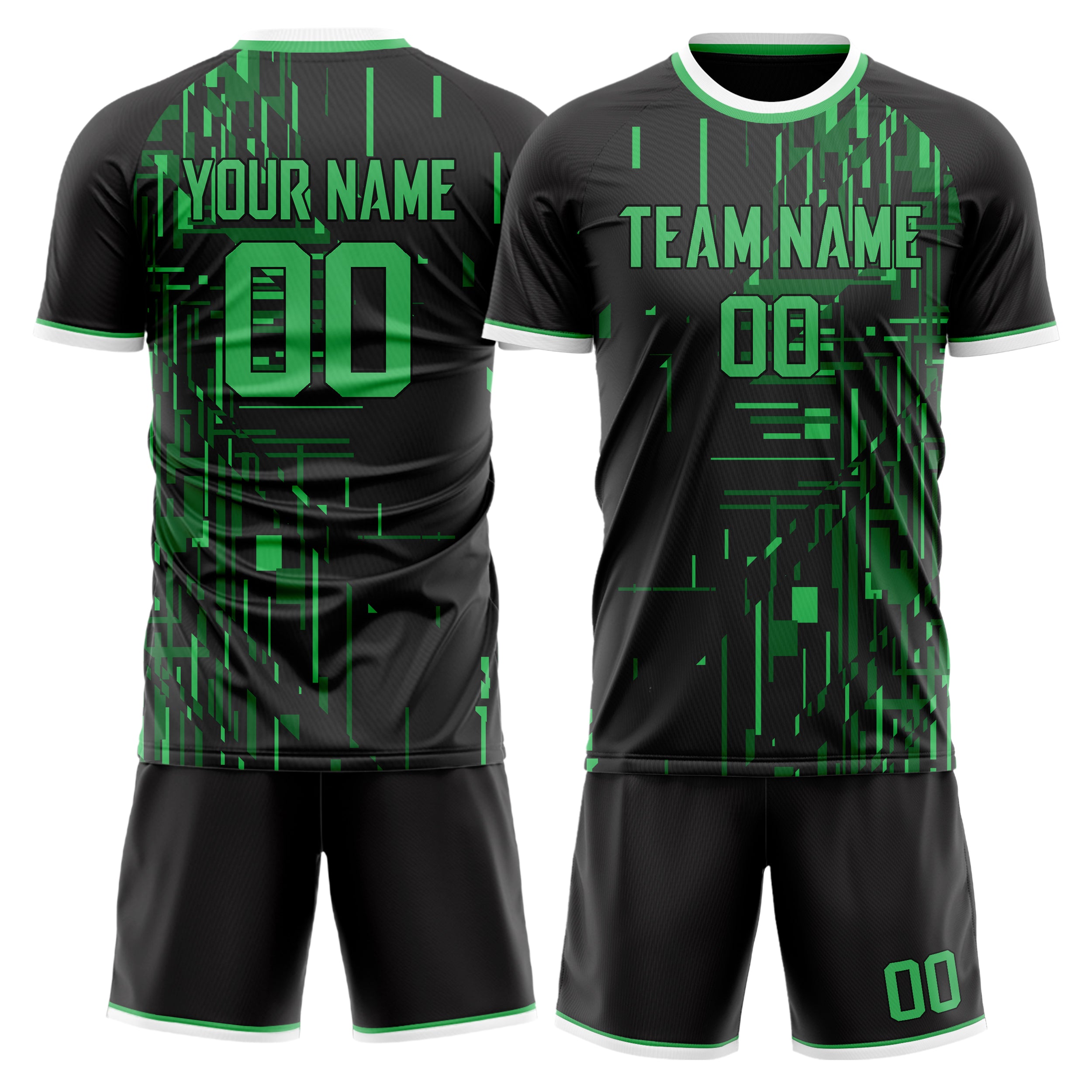 Custom Black Green GeometricalPattern Soccer Jersey