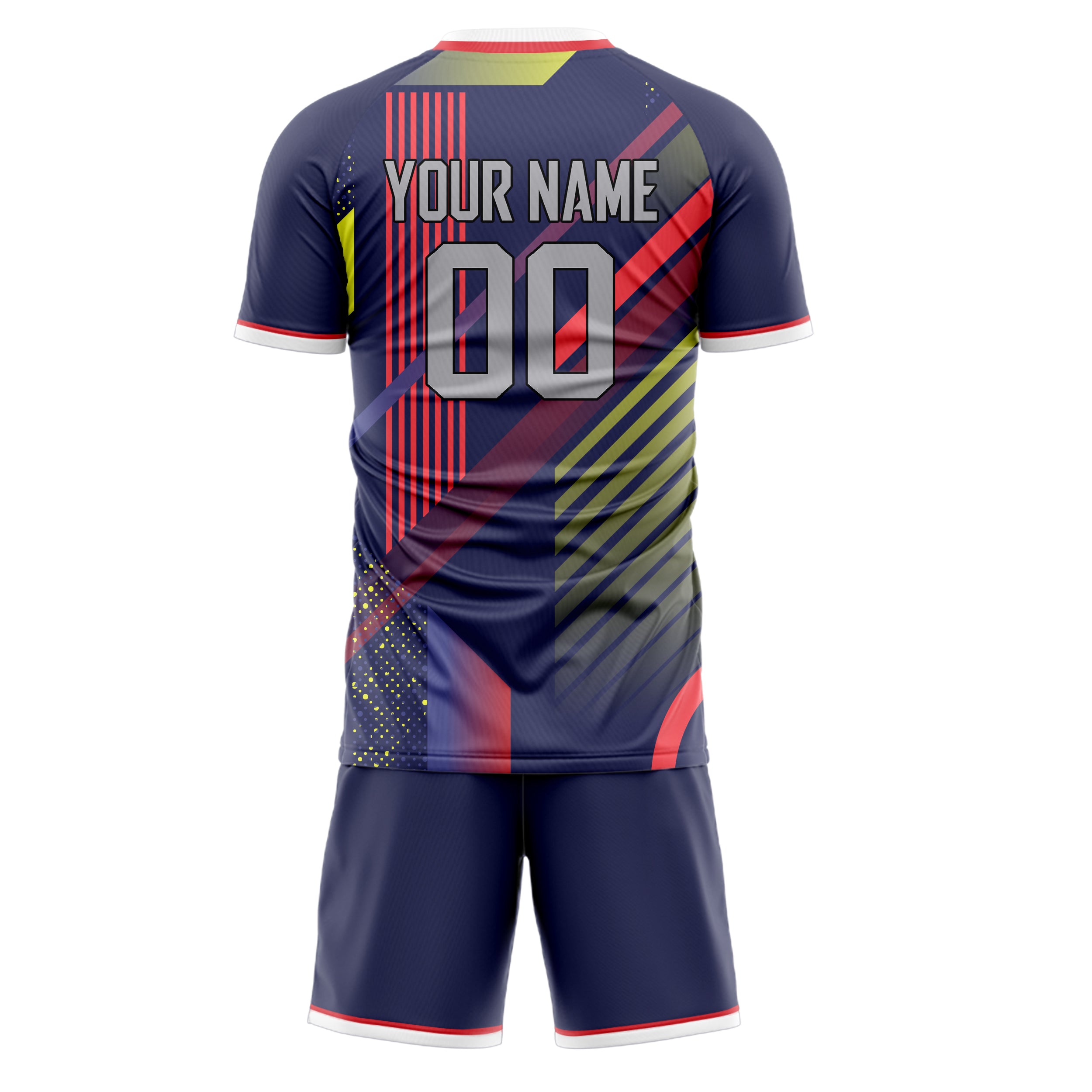 Custom Navy Red GeometricalPattern Soccer Jersey