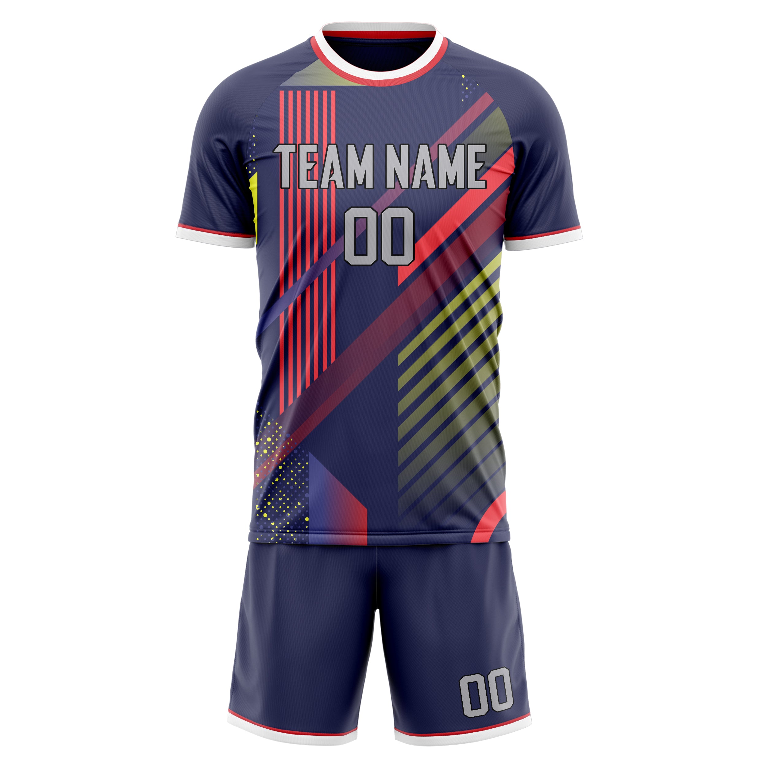 Custom Navy Red GeometricalPattern Soccer Jersey