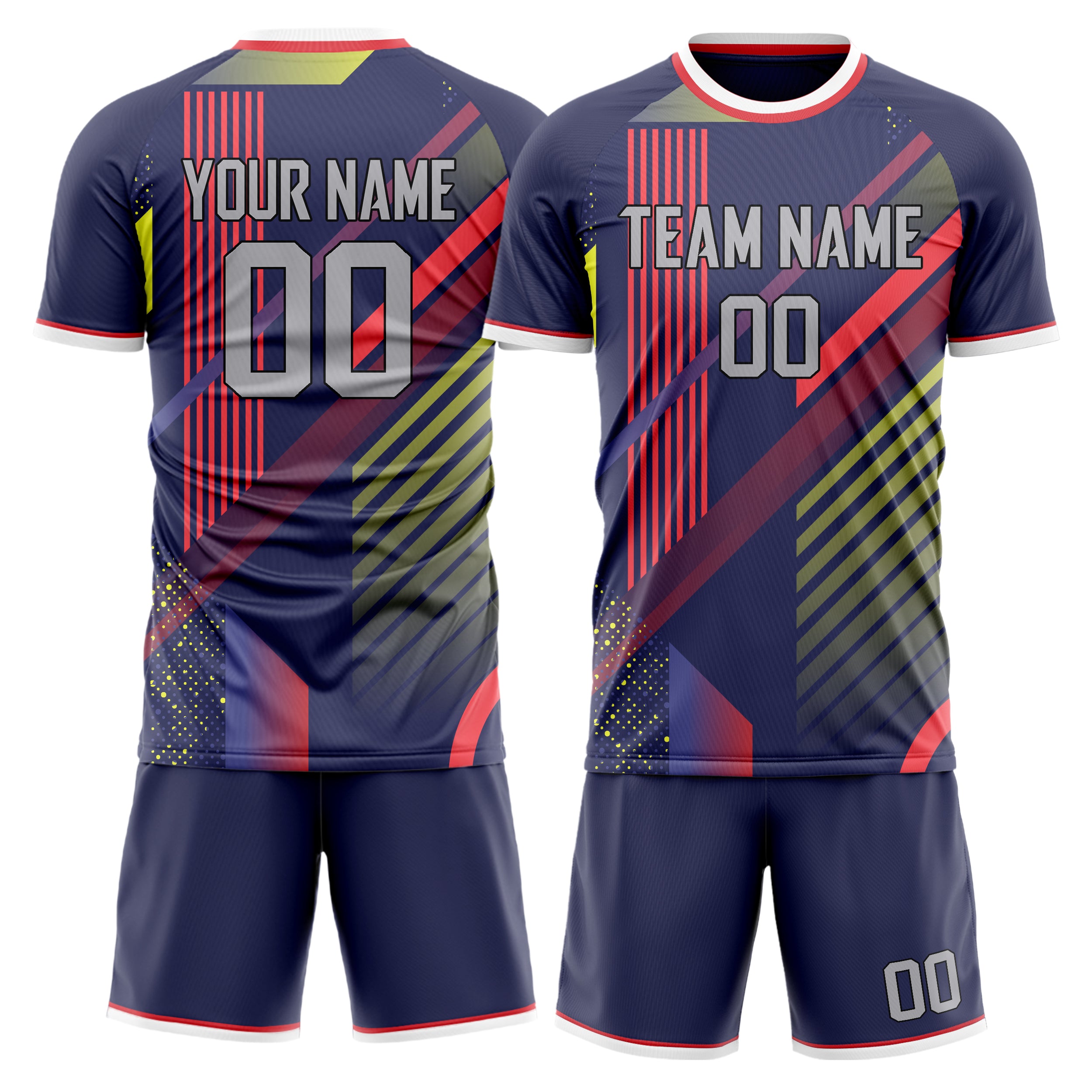 Custom Navy Red GeometricalPattern Soccer Jersey