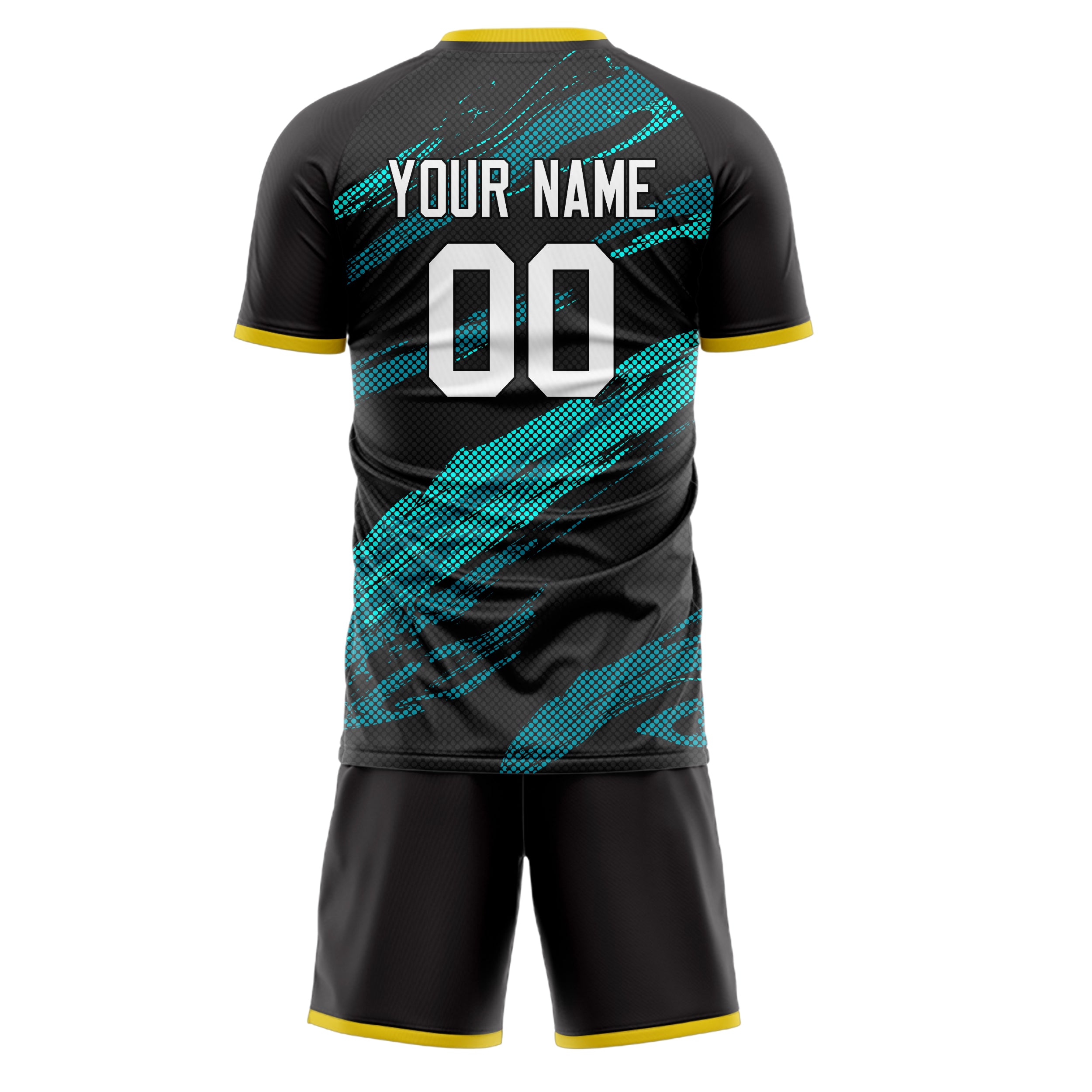 Custom Black Teal GeometricalPattern Soccer Jersey