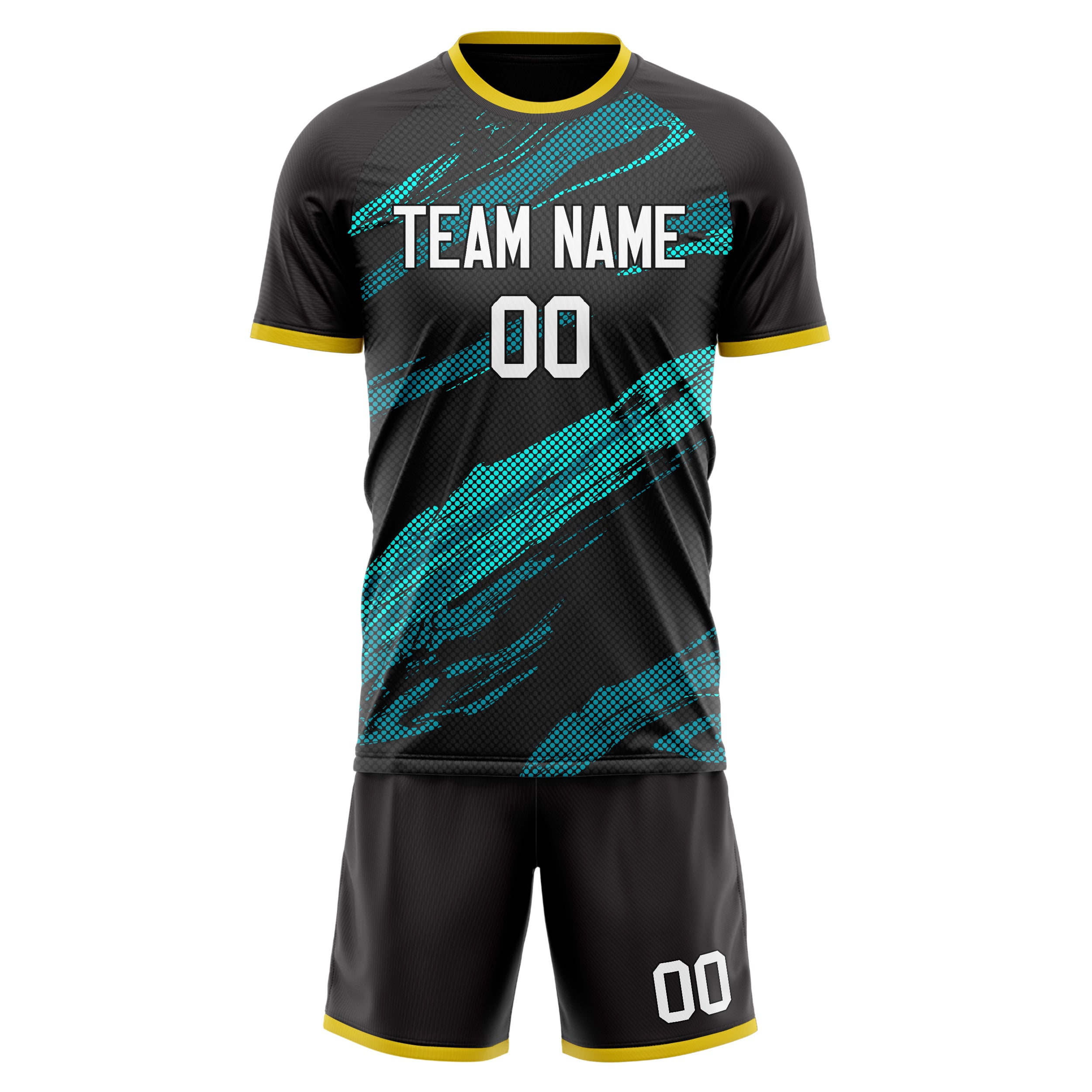 Custom Black Teal GeometricalPattern Soccer Jersey