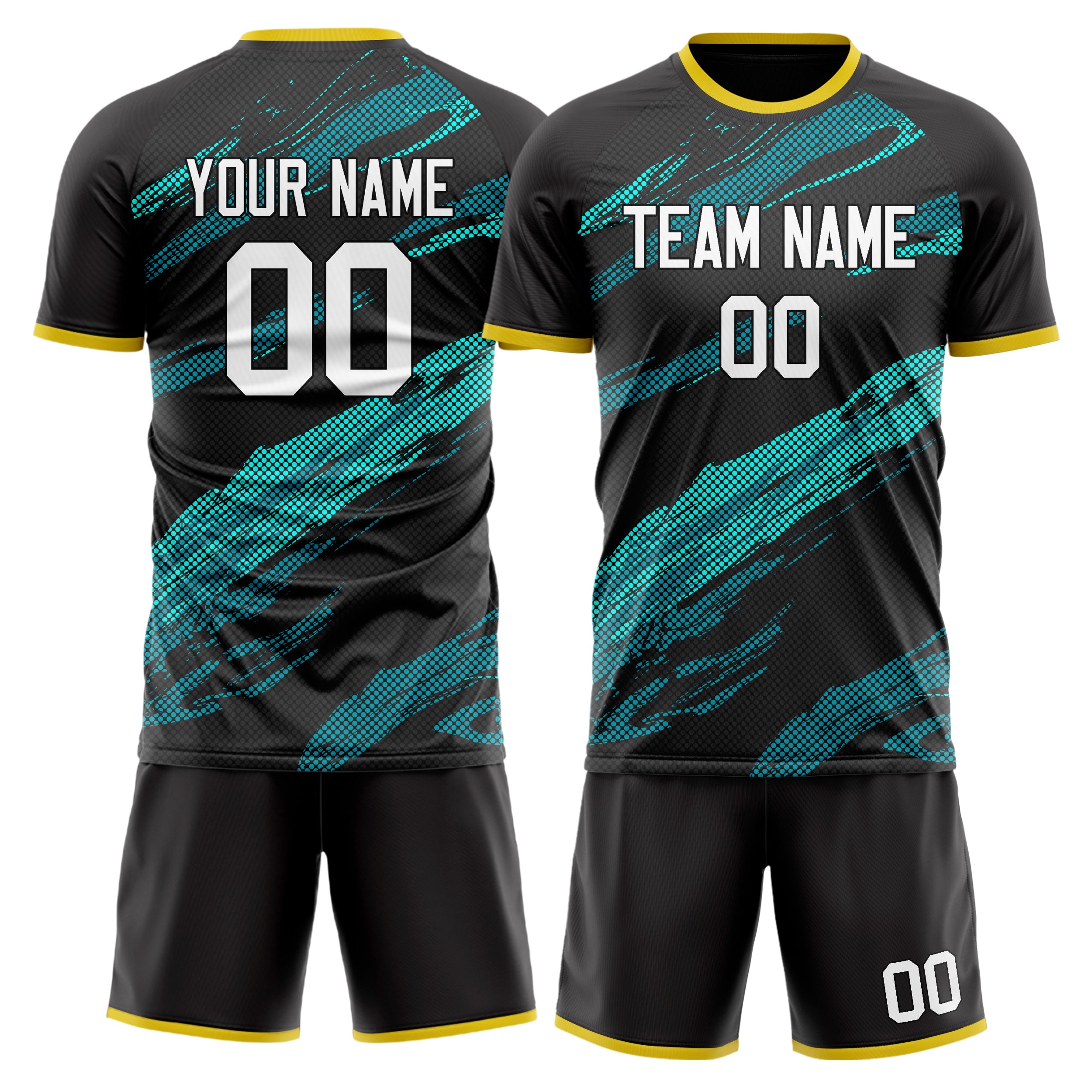 Custom Black Teal GeometricalPattern Soccer Jersey