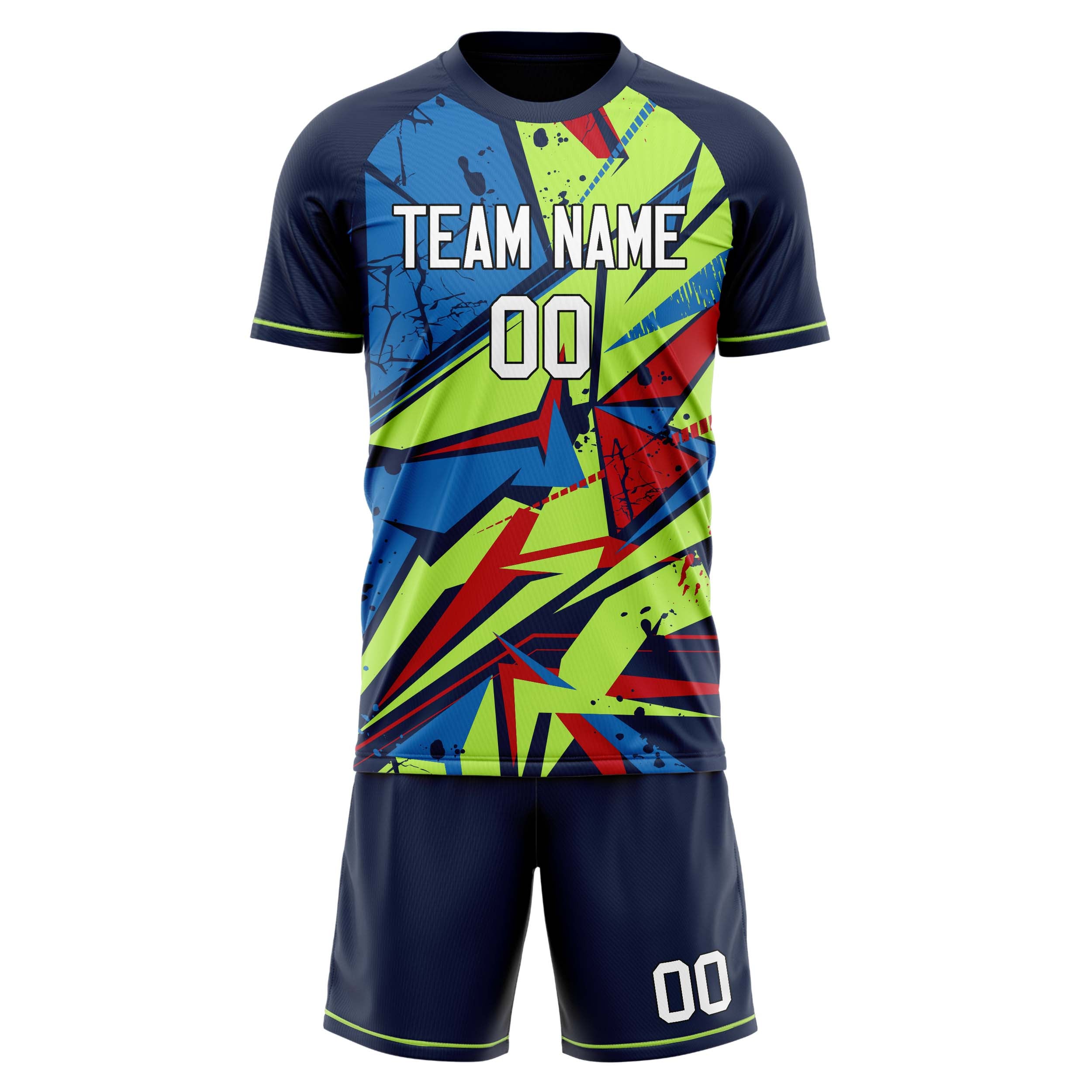 Custom Navy Green GeometricalPattern Soccer Jersey