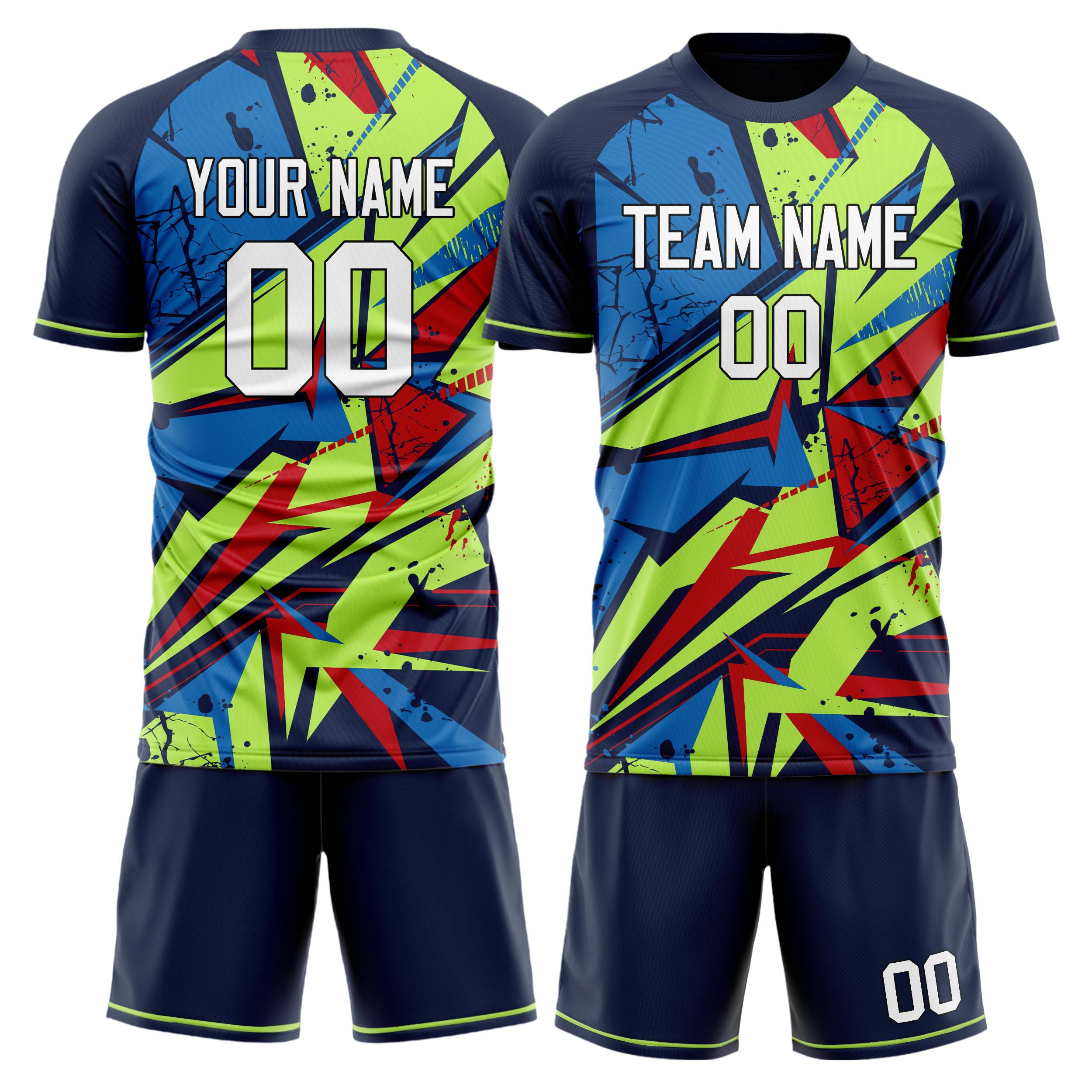 Custom Navy Green GeometricalPattern Soccer Jersey