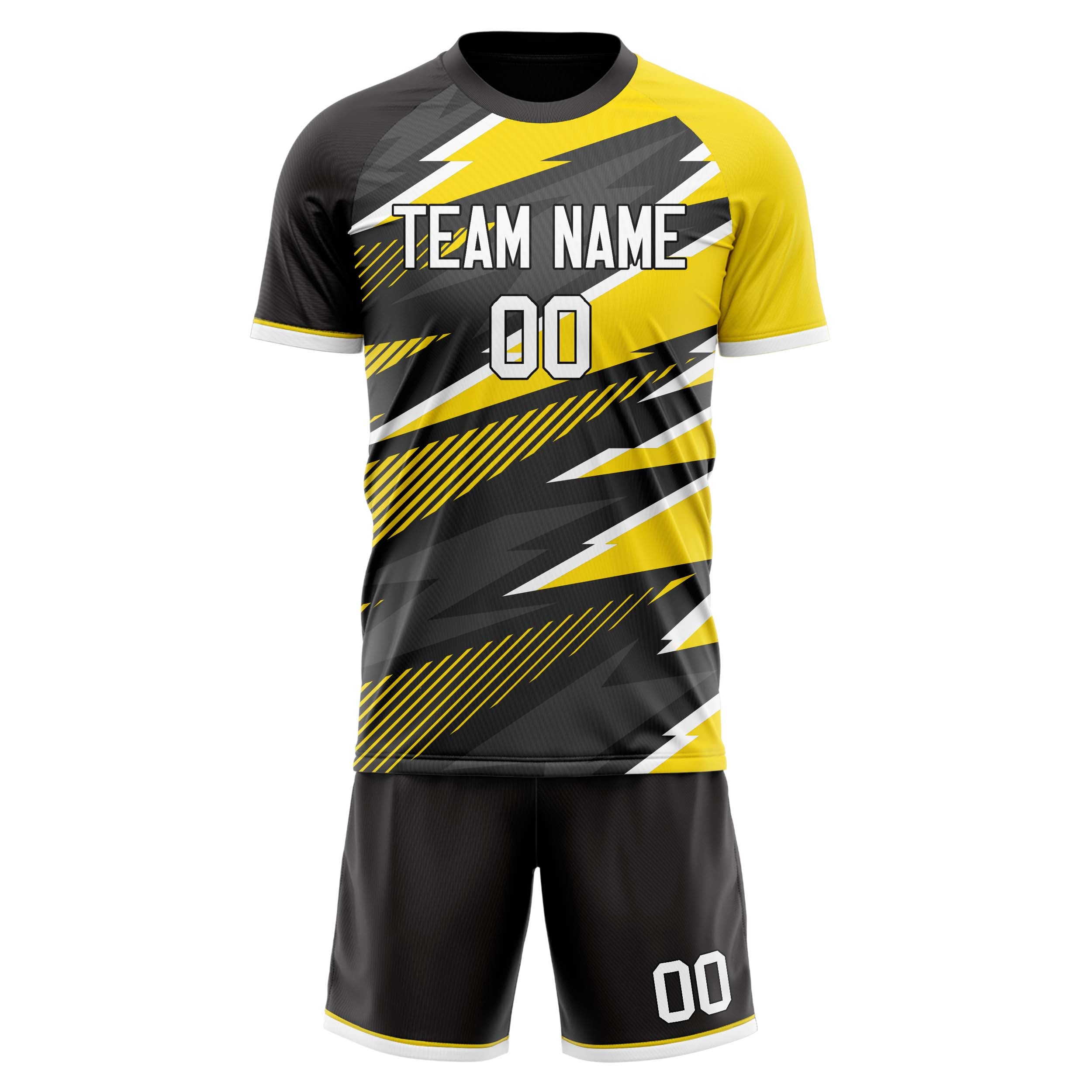 Custom Black Yellow GeometricalPattern Soccer Jersey