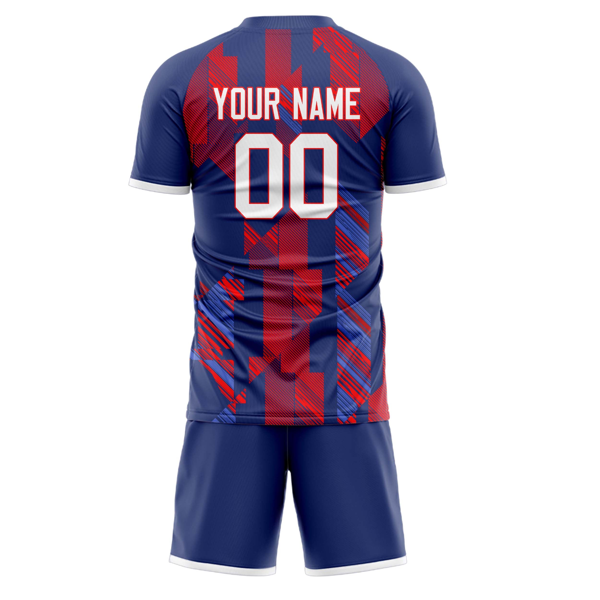 Custom Navy Red GeometricalPattern Soccer Jersey