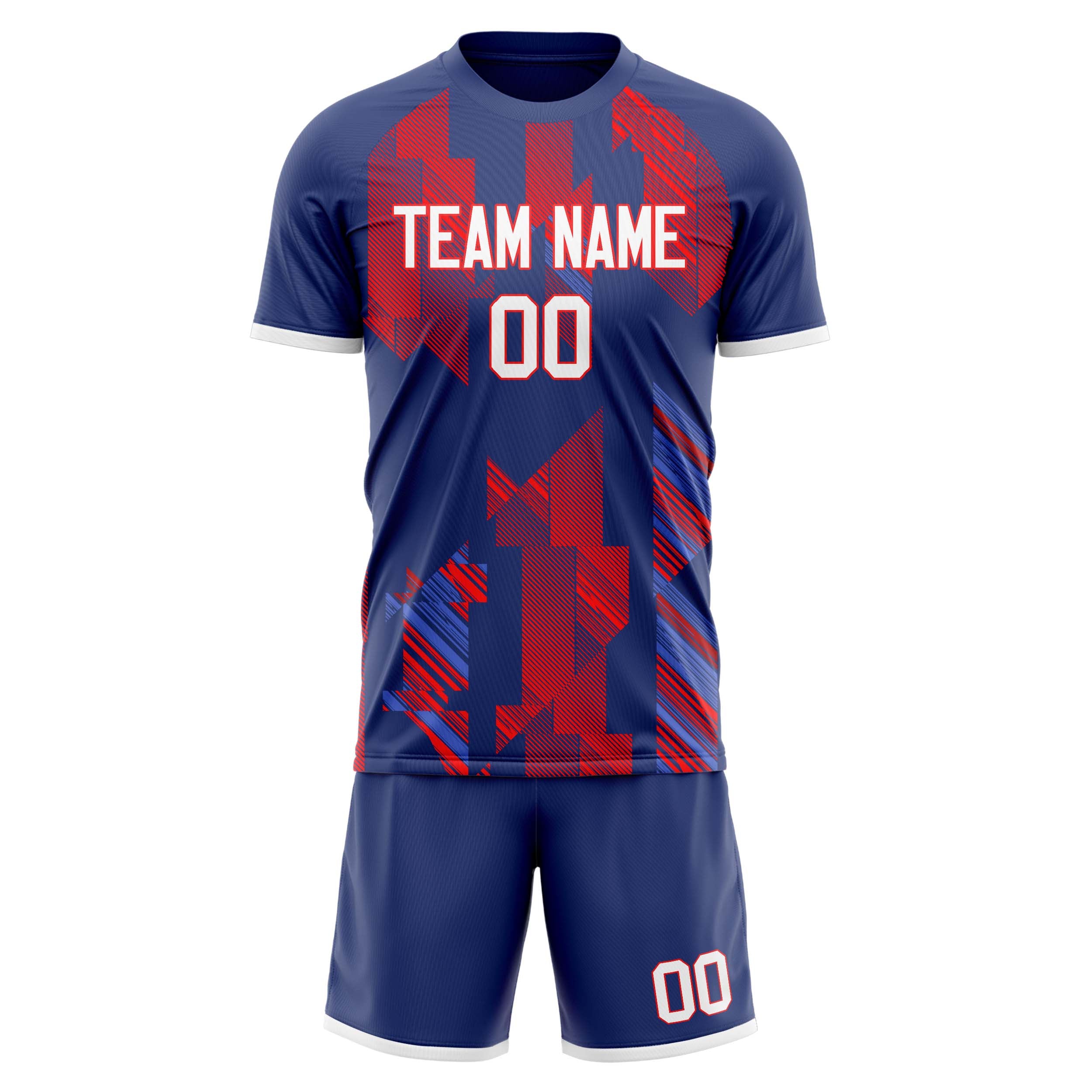 Custom Navy Red GeometricalPattern Soccer Jersey