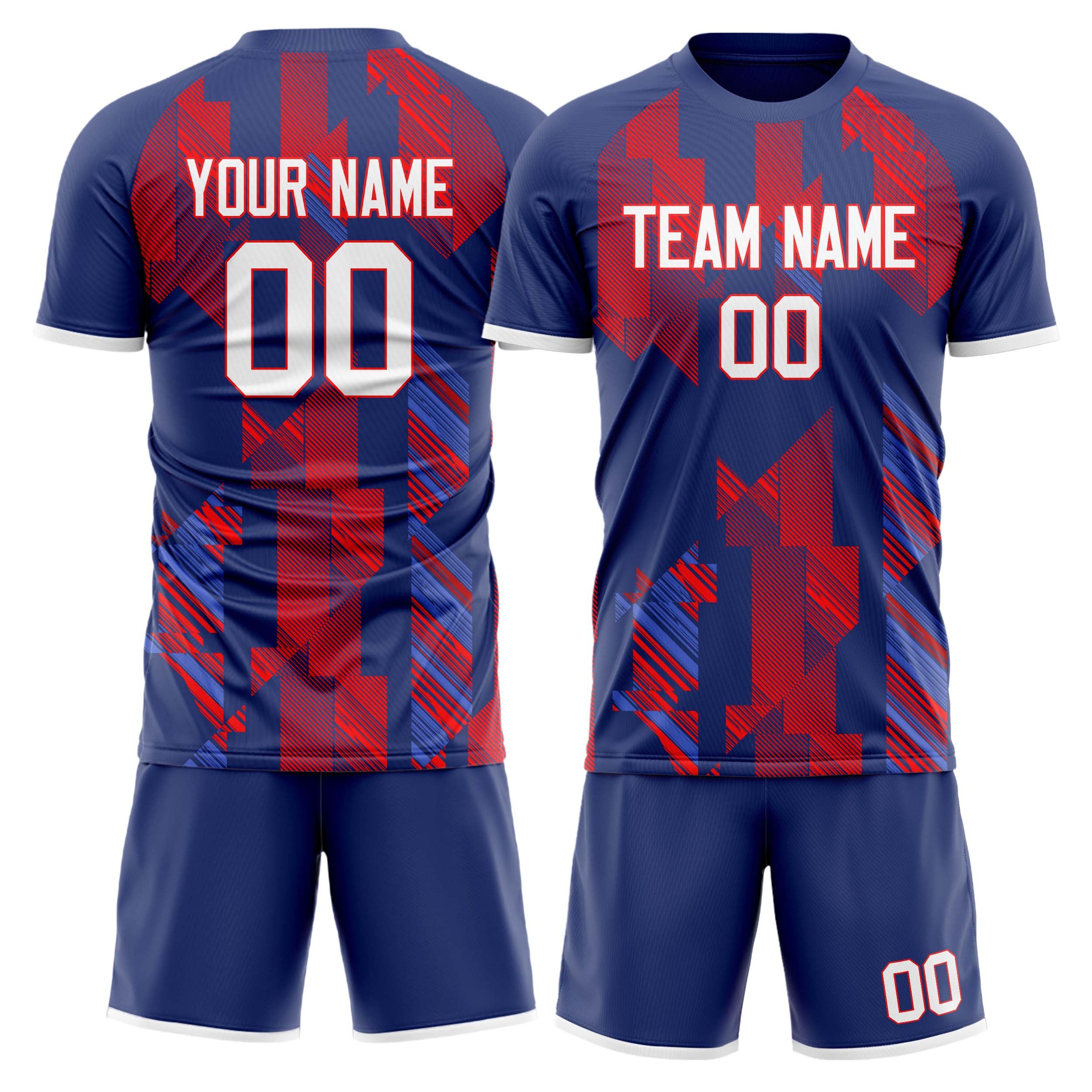 Custom Navy Red GeometricalPattern Soccer Jersey