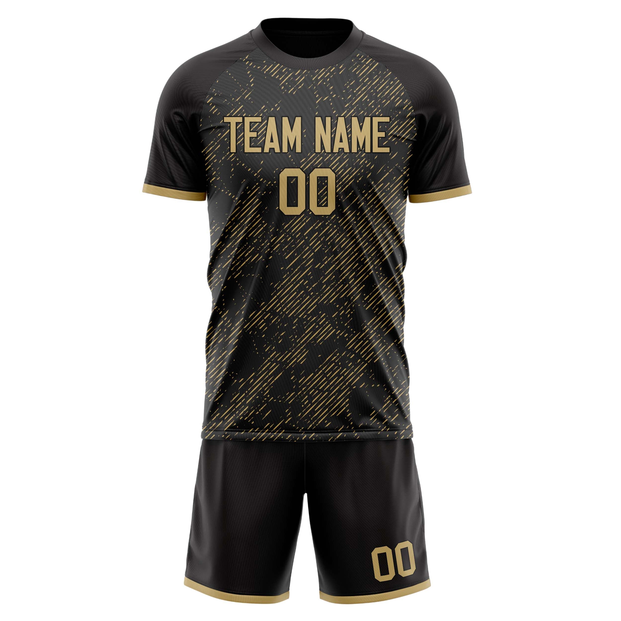 Custom Black Old Gold GeometricalPattern Soccer Jersey