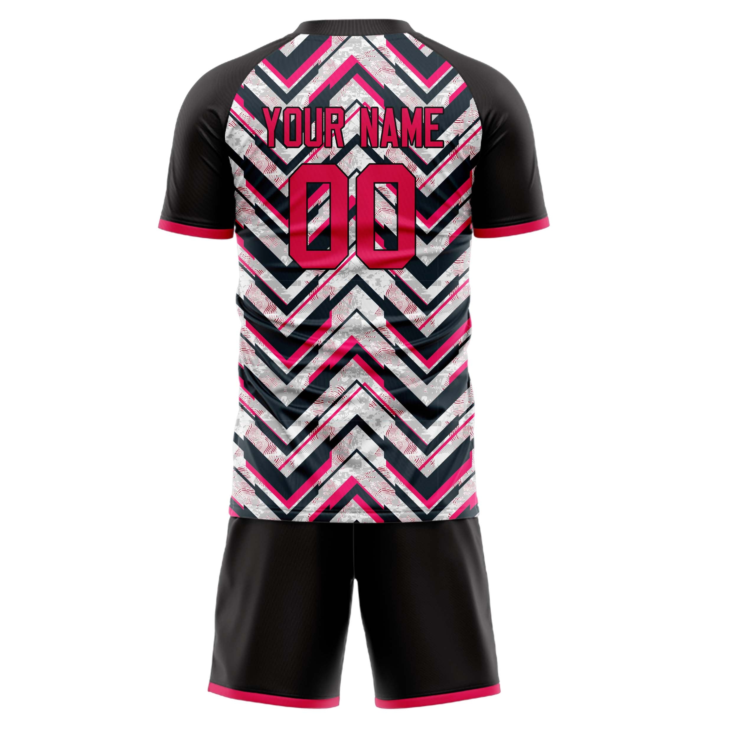 Custom Black Pink GeometricalPattern Soccer Jersey