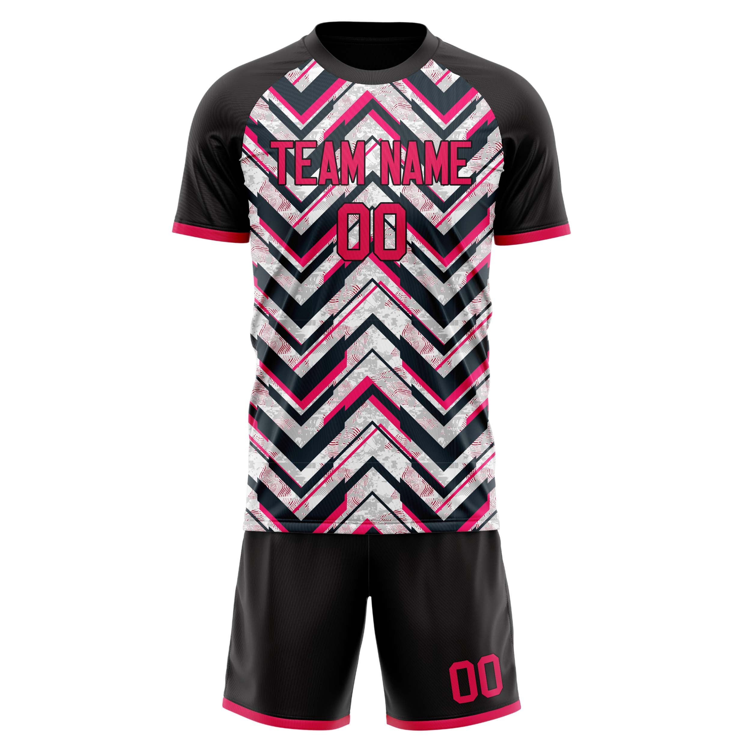 Custom Black Pink GeometricalPattern Soccer Jersey