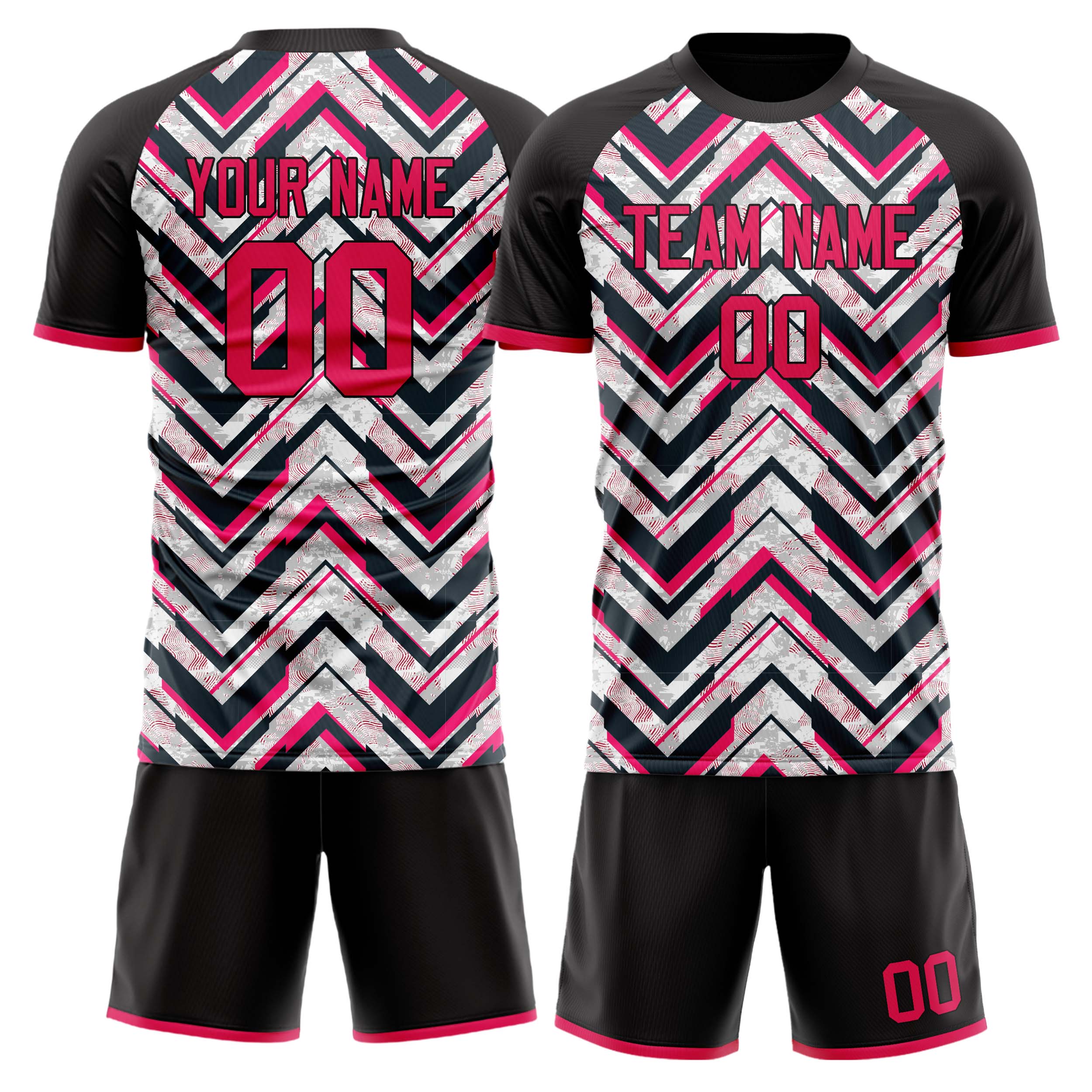Custom Black Pink GeometricalPattern Soccer Jersey