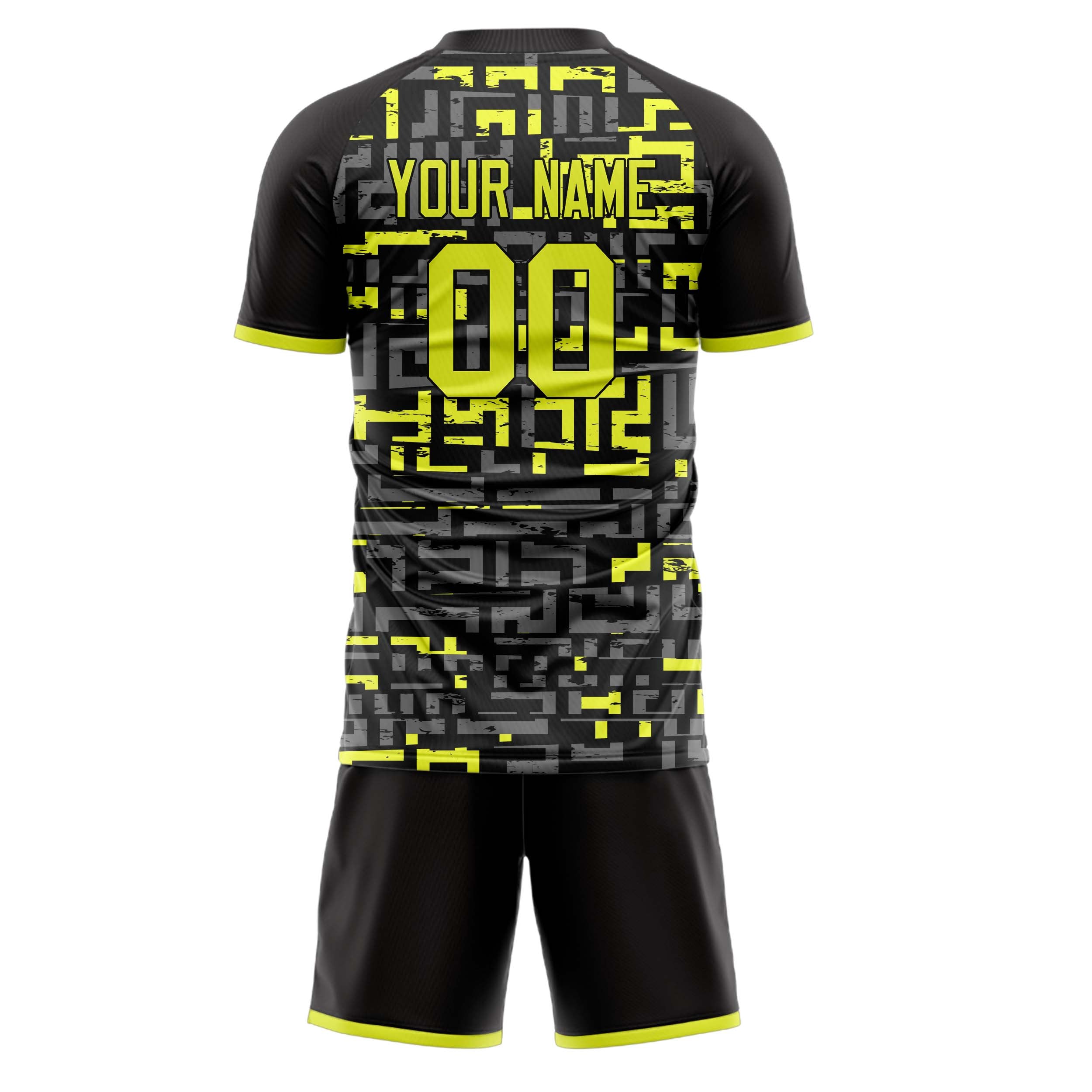 Custom Black Neon Yellow GeometricalPattern Soccer Jersey