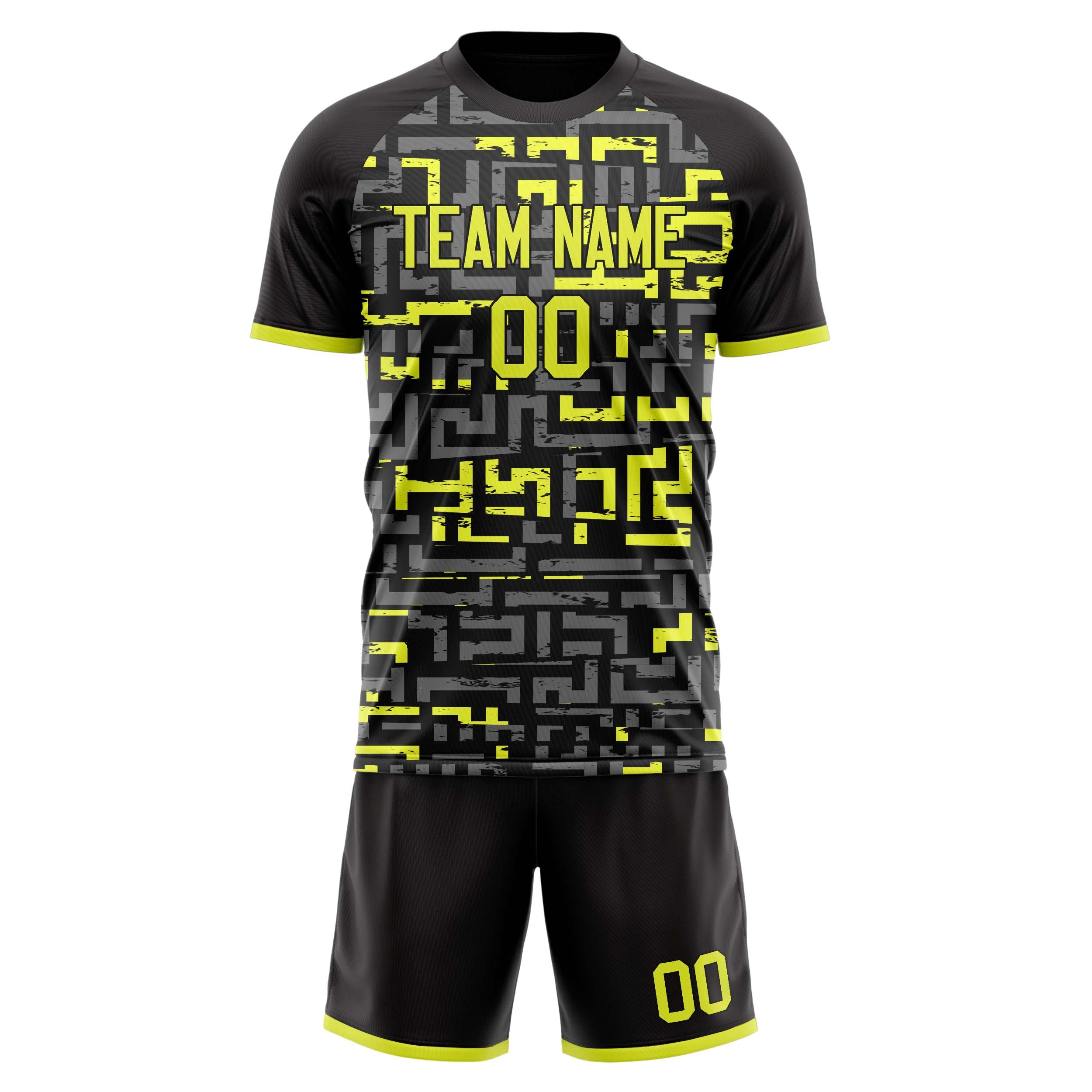 Custom Black Neon Yellow GeometricalPattern Soccer Jersey
