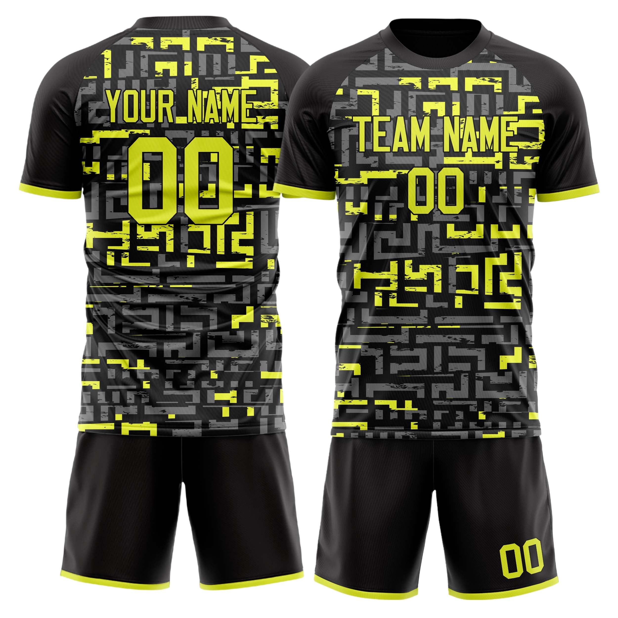 Custom Black Neon Yellow GeometricalPattern Soccer Jersey