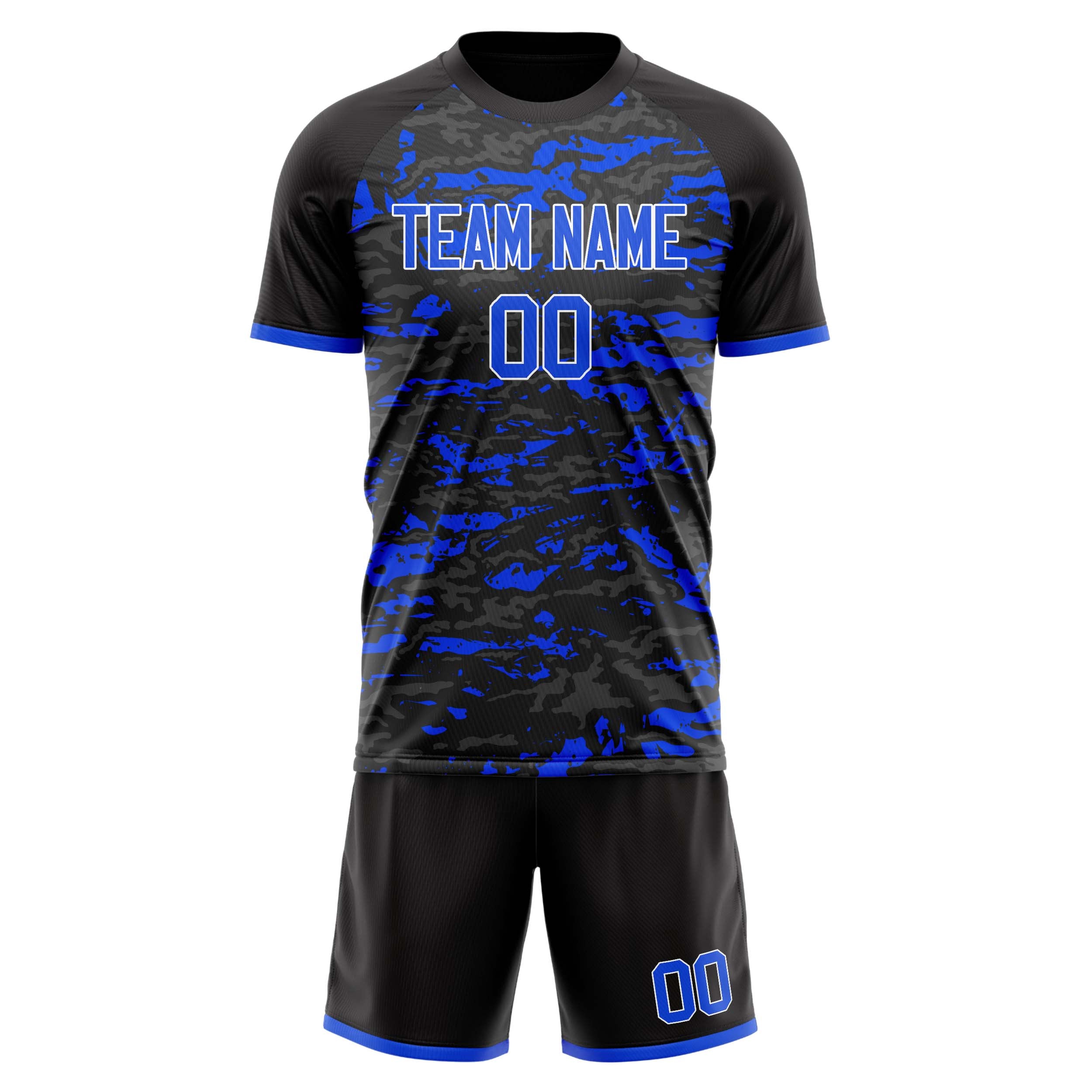 Custom Black Blue GeometricalPattern Soccer Jersey