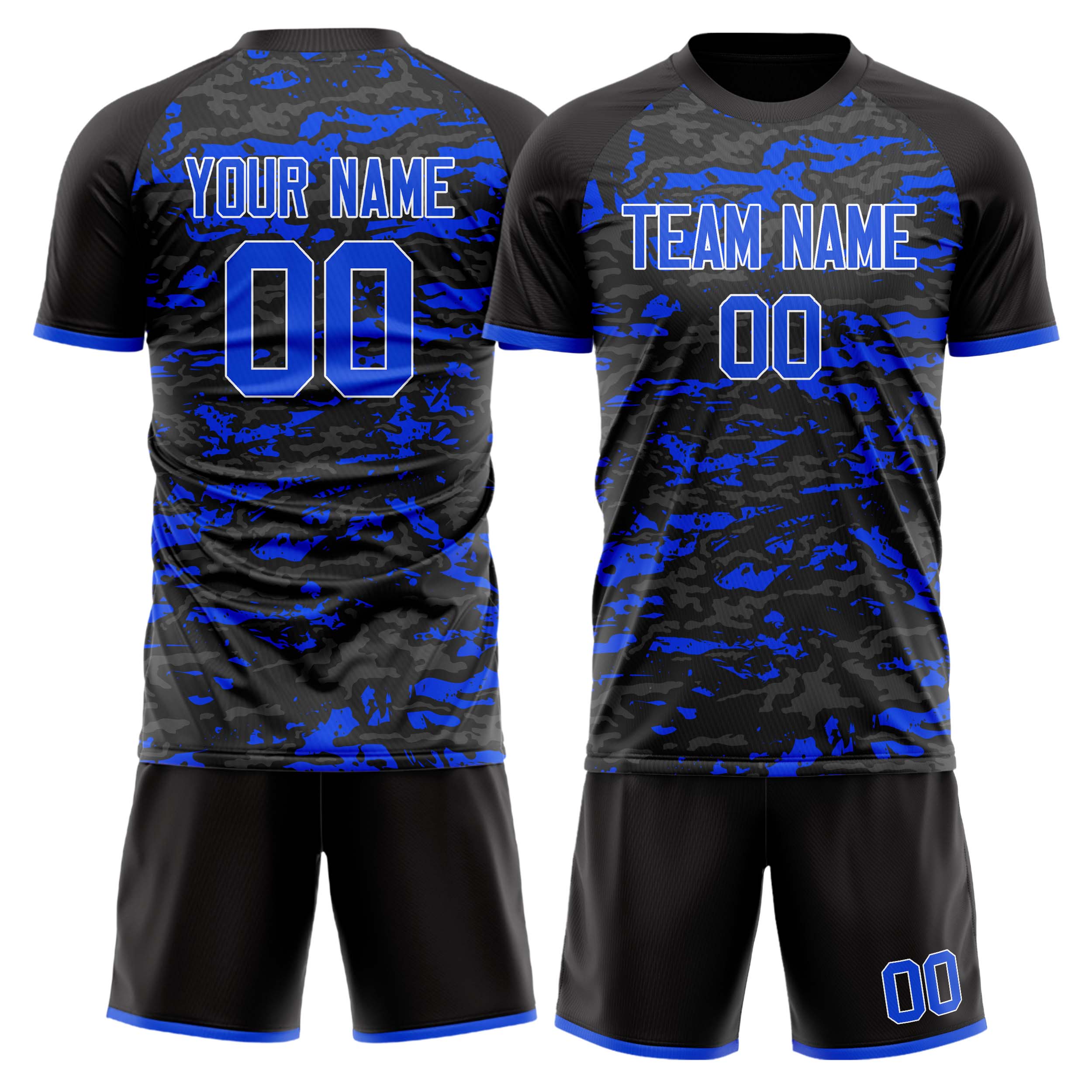 Custom Black Blue GeometricalPattern Soccer Jersey
