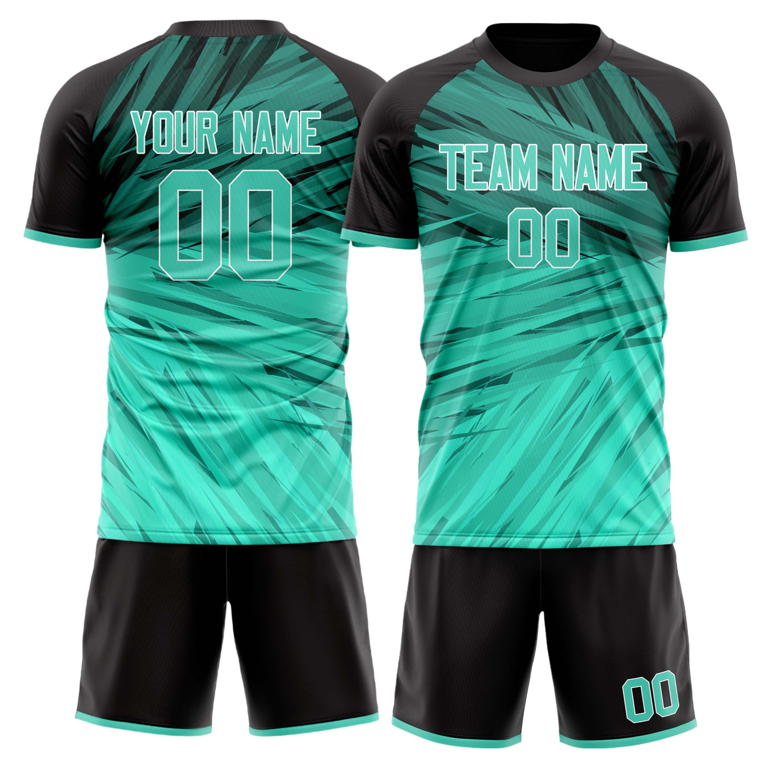 Custom Teal Black GeometricalPattern Soccer Jersey