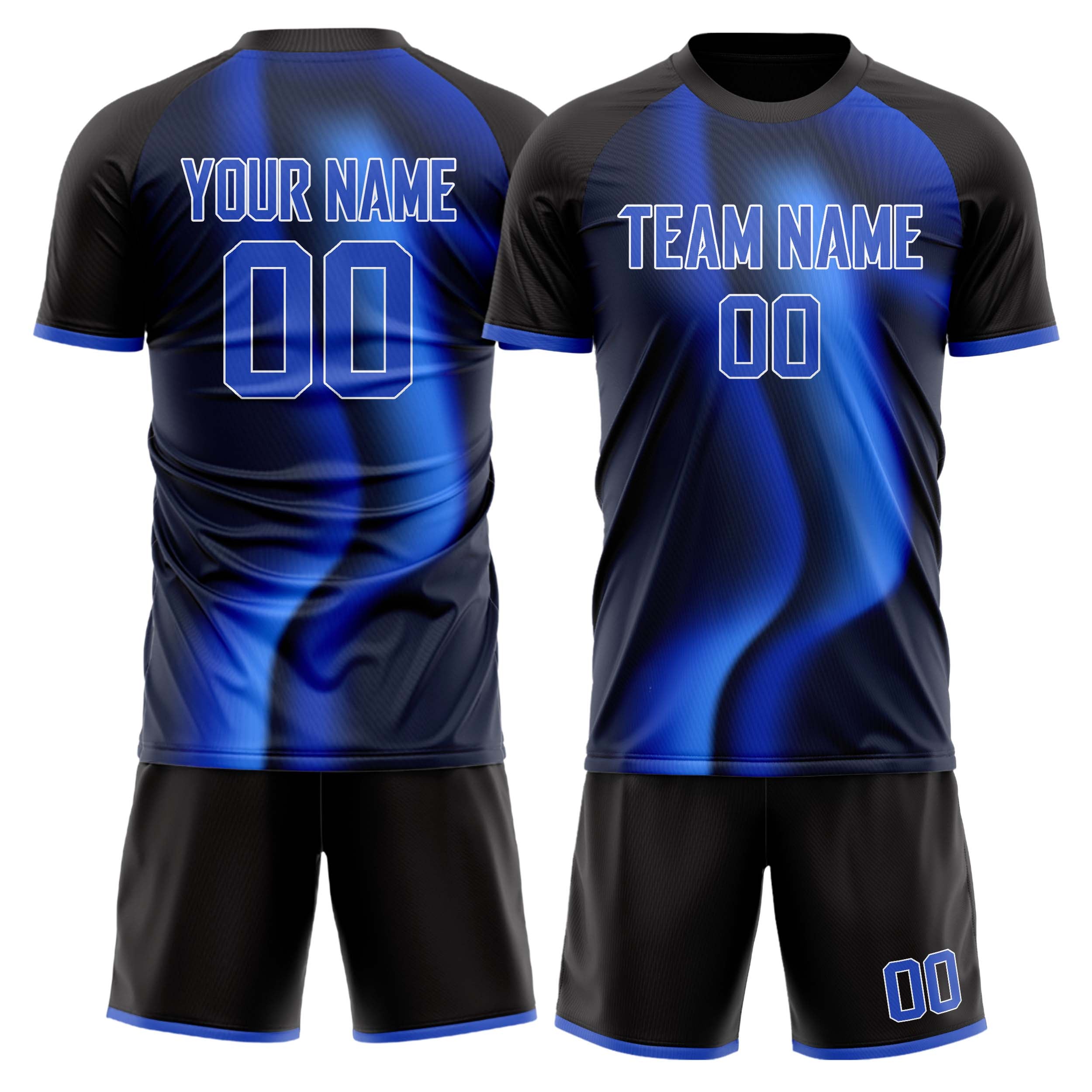 Custom Black Blue GeometricalPattern Soccer Jersey