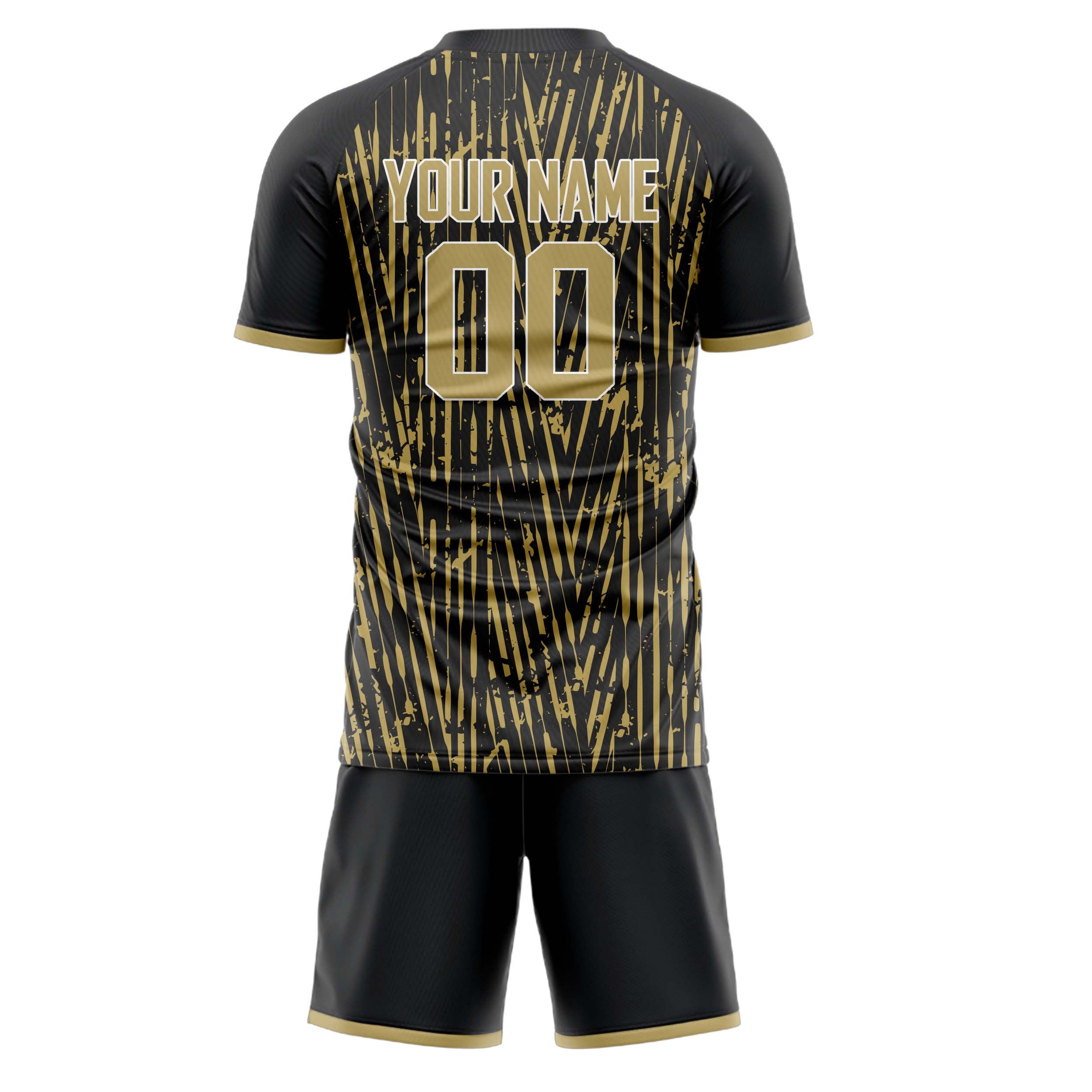 Custom Black Old Gold GeometricalPattern Soccer Jersey