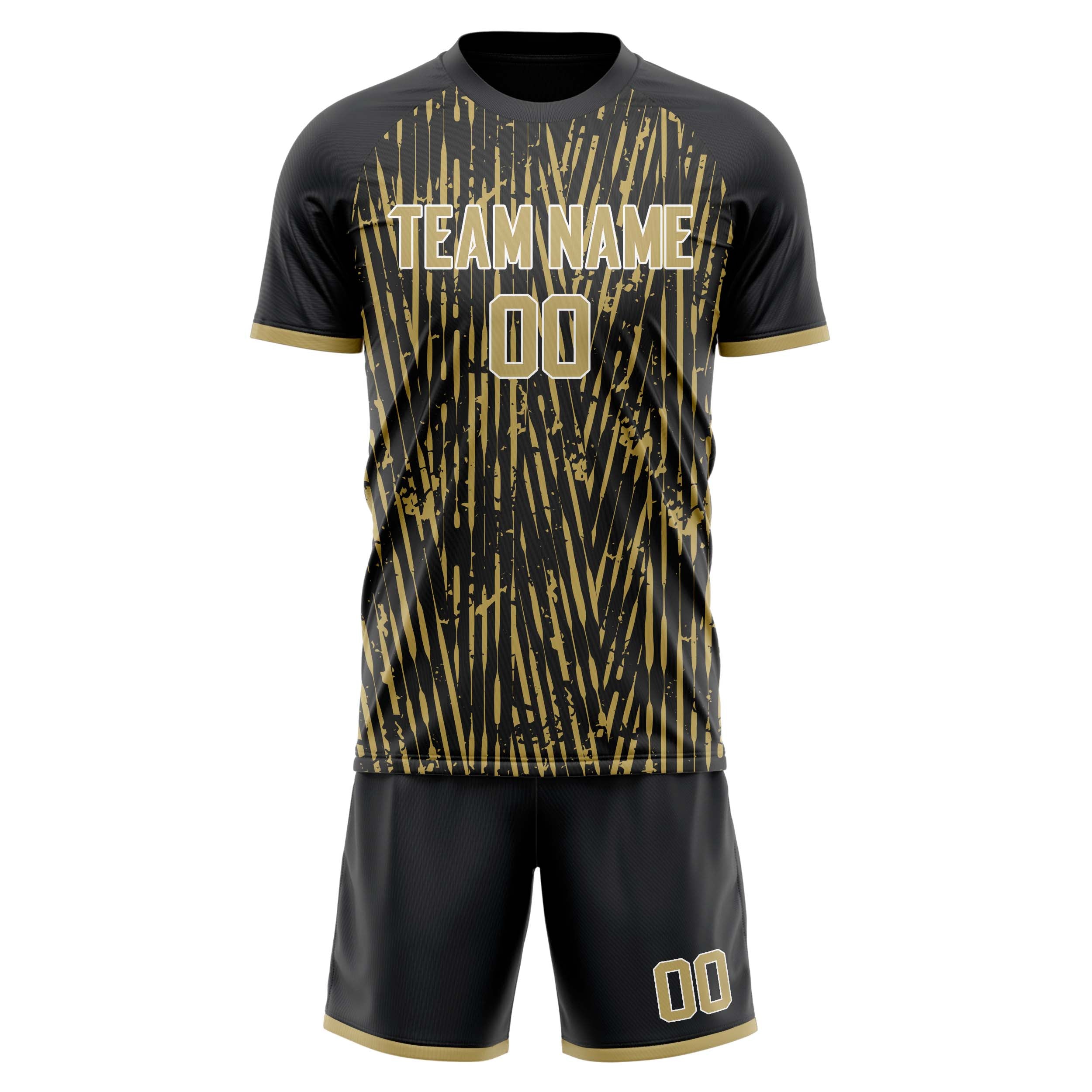 Custom Black Old Gold GeometricalPattern Soccer Jersey