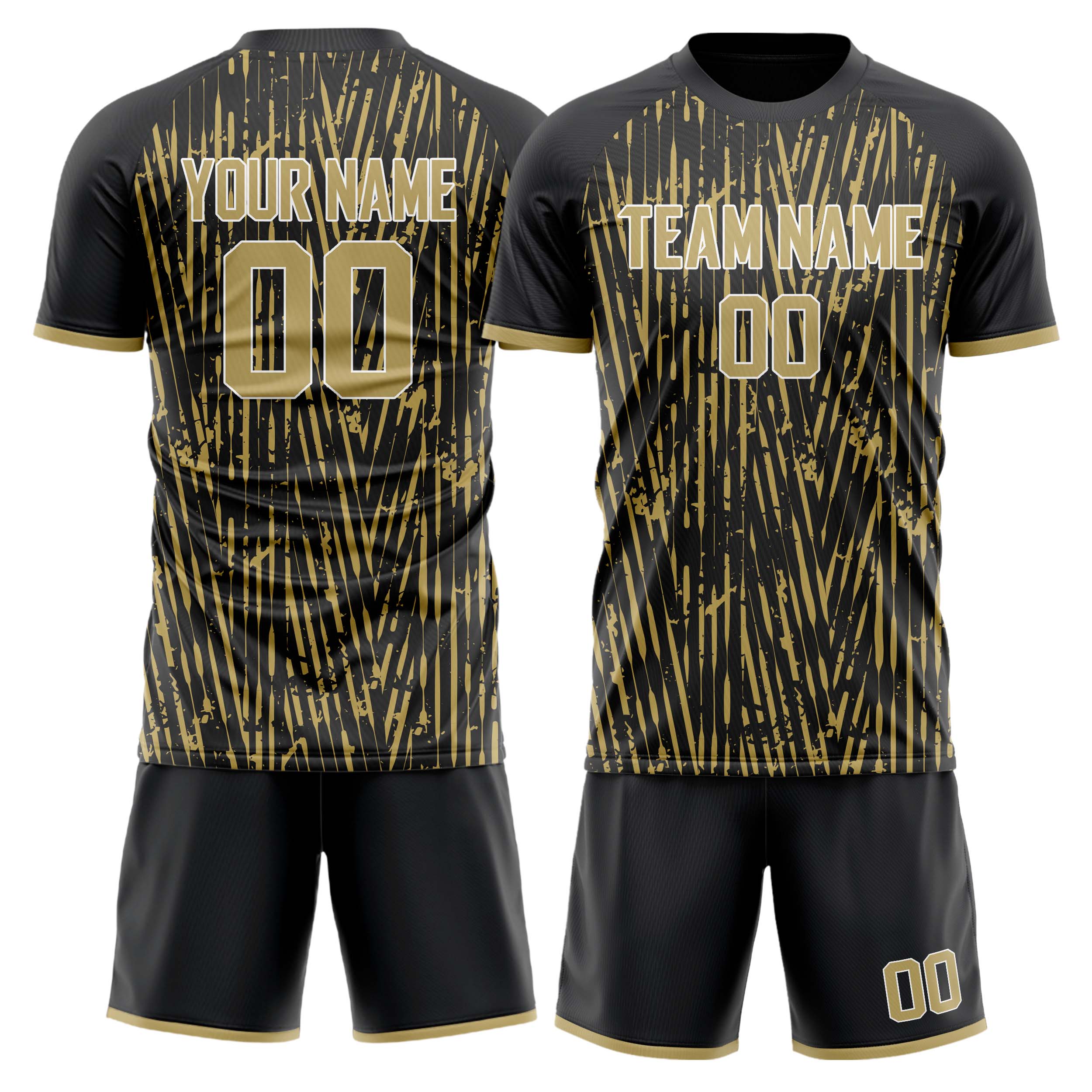 Custom Black Old Gold GeometricalPattern Soccer Jersey