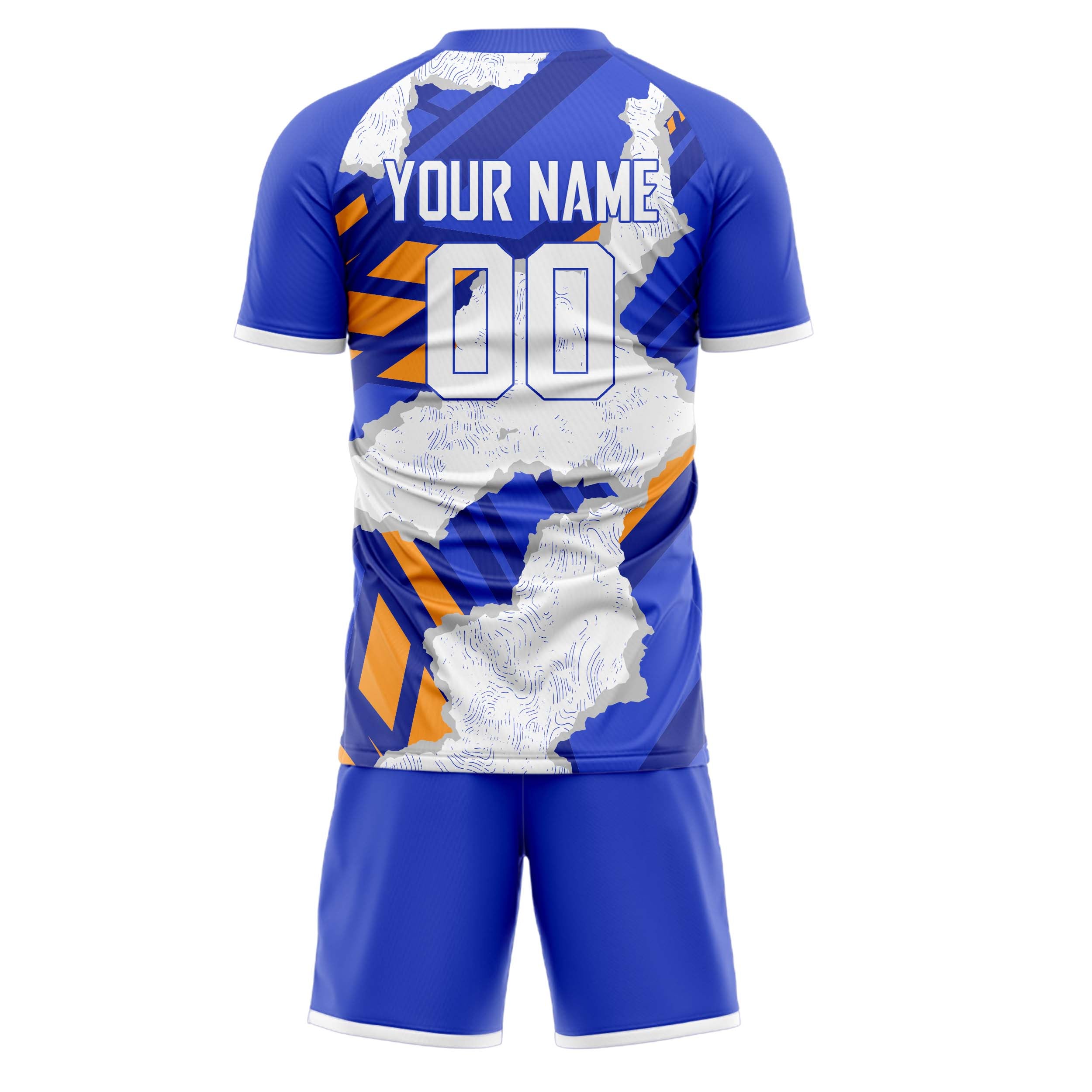 Custom White Blue GeometricalPattern Soccer Jersey