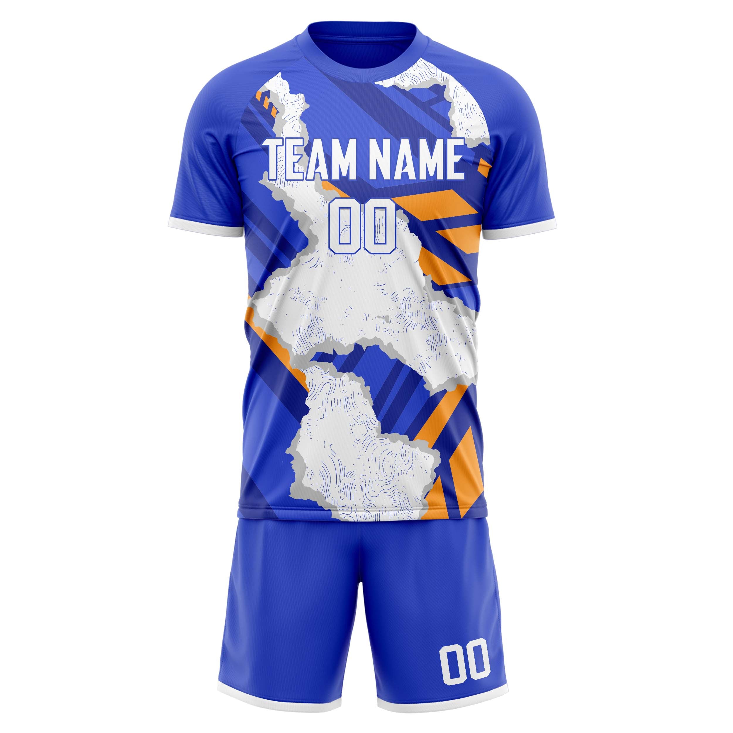 Custom White Blue GeometricalPattern Soccer Jersey