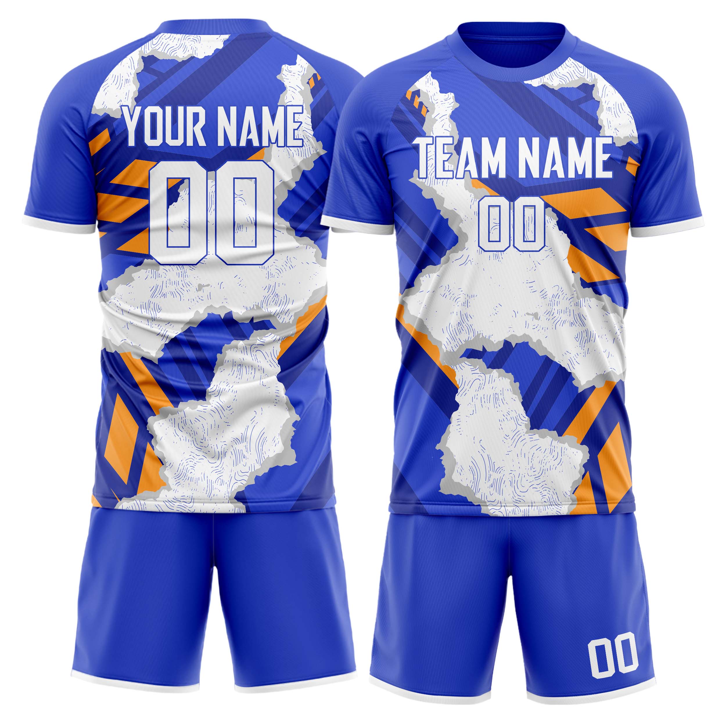 Custom White Blue GeometricalPattern Soccer Jersey