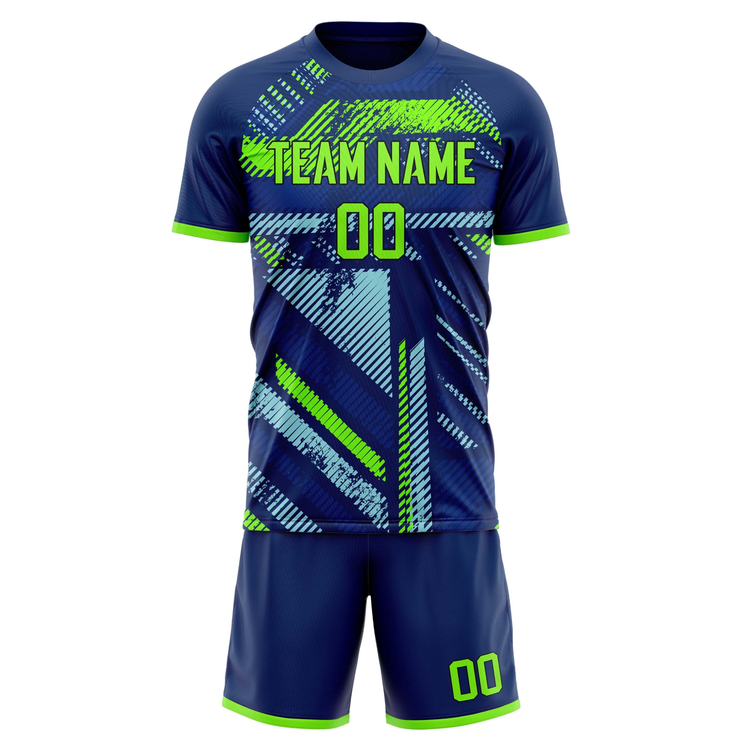 Custom Navy Neon Green GeometricalPattern Soccer Jersey