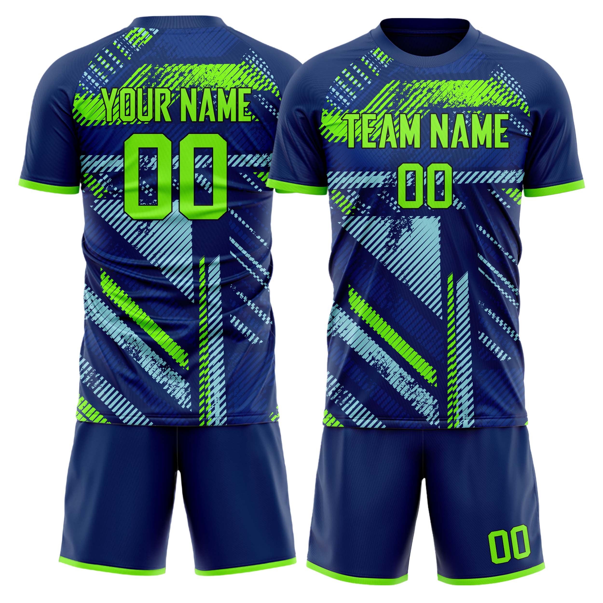 Custom Navy Neon Green GeometricalPattern Soccer Jersey