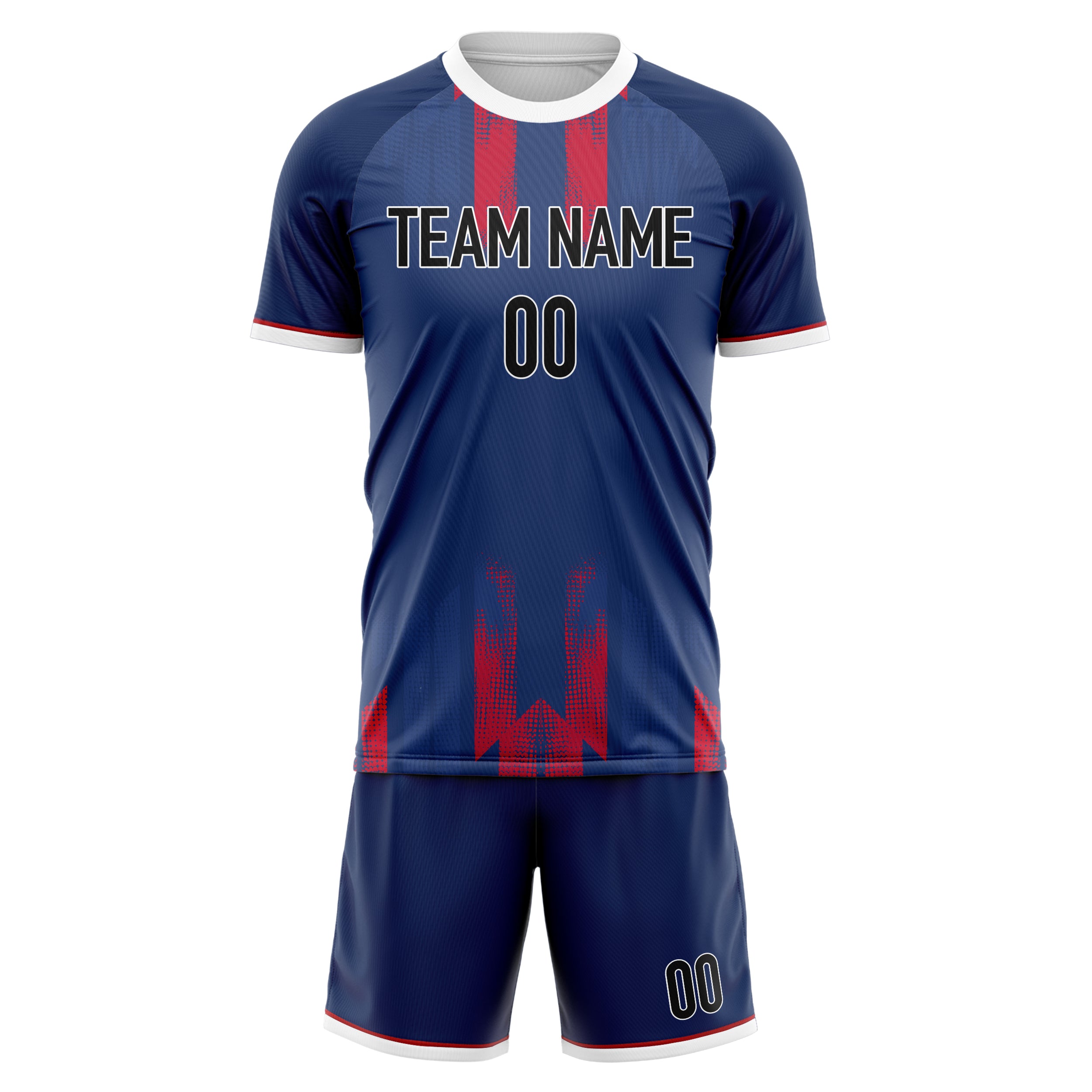 Custom Navy Red GeometricalPattern Soccer Jersey