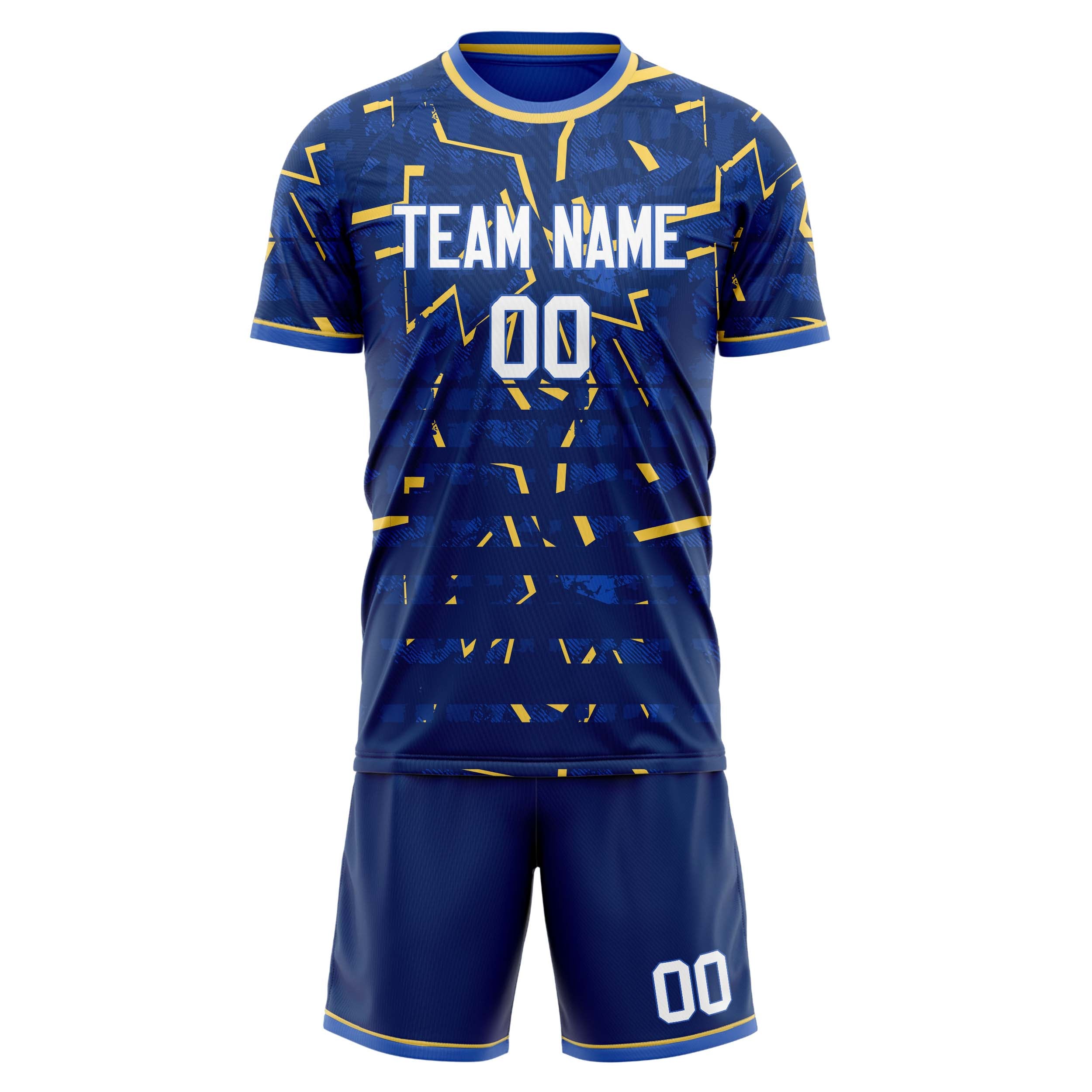 Custom Navy Gold GeometricalPattern Soccer Jersey